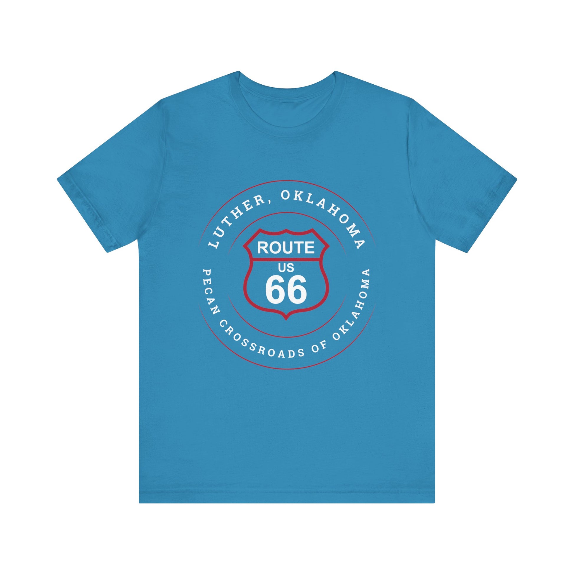 Aqua retro Route 66 unisex jersey tee with Luther, OK "Pecan Crossroads of Route 66" design