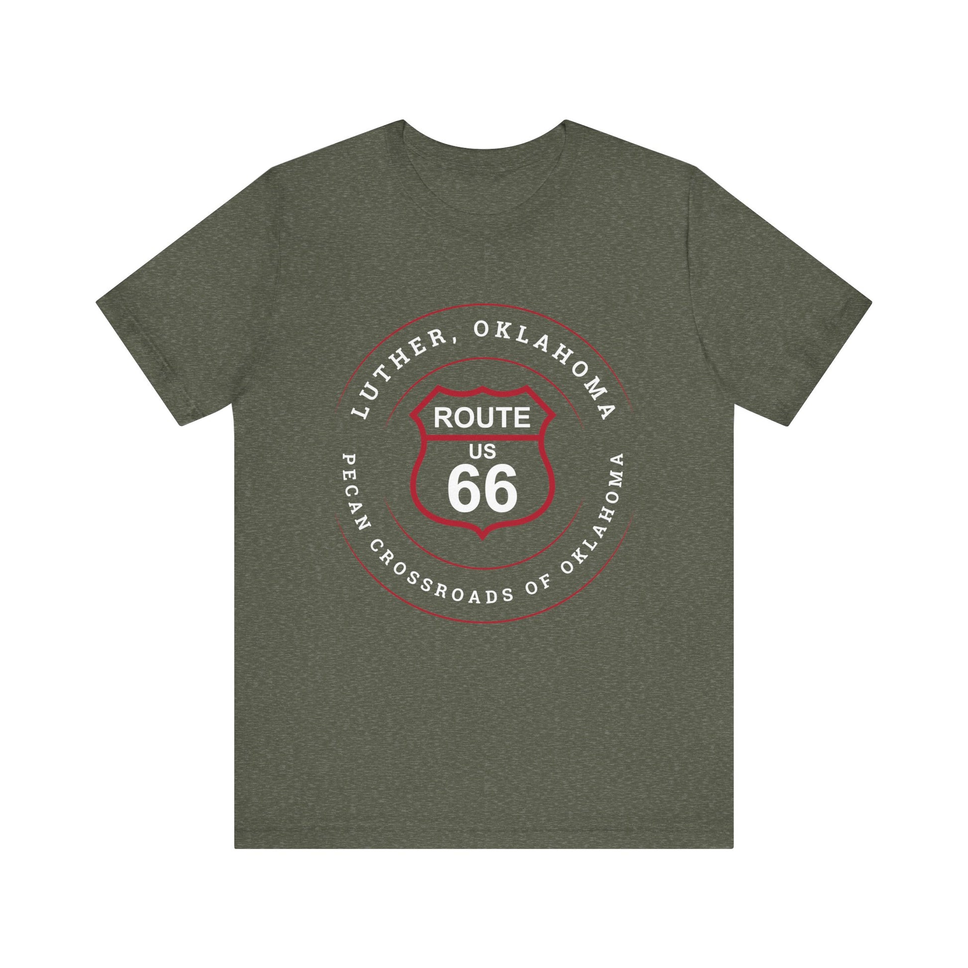 Heather military green retro Route 66 unisex jersey tee with Luther, OK "Pecan Crossroads of Route 66" design