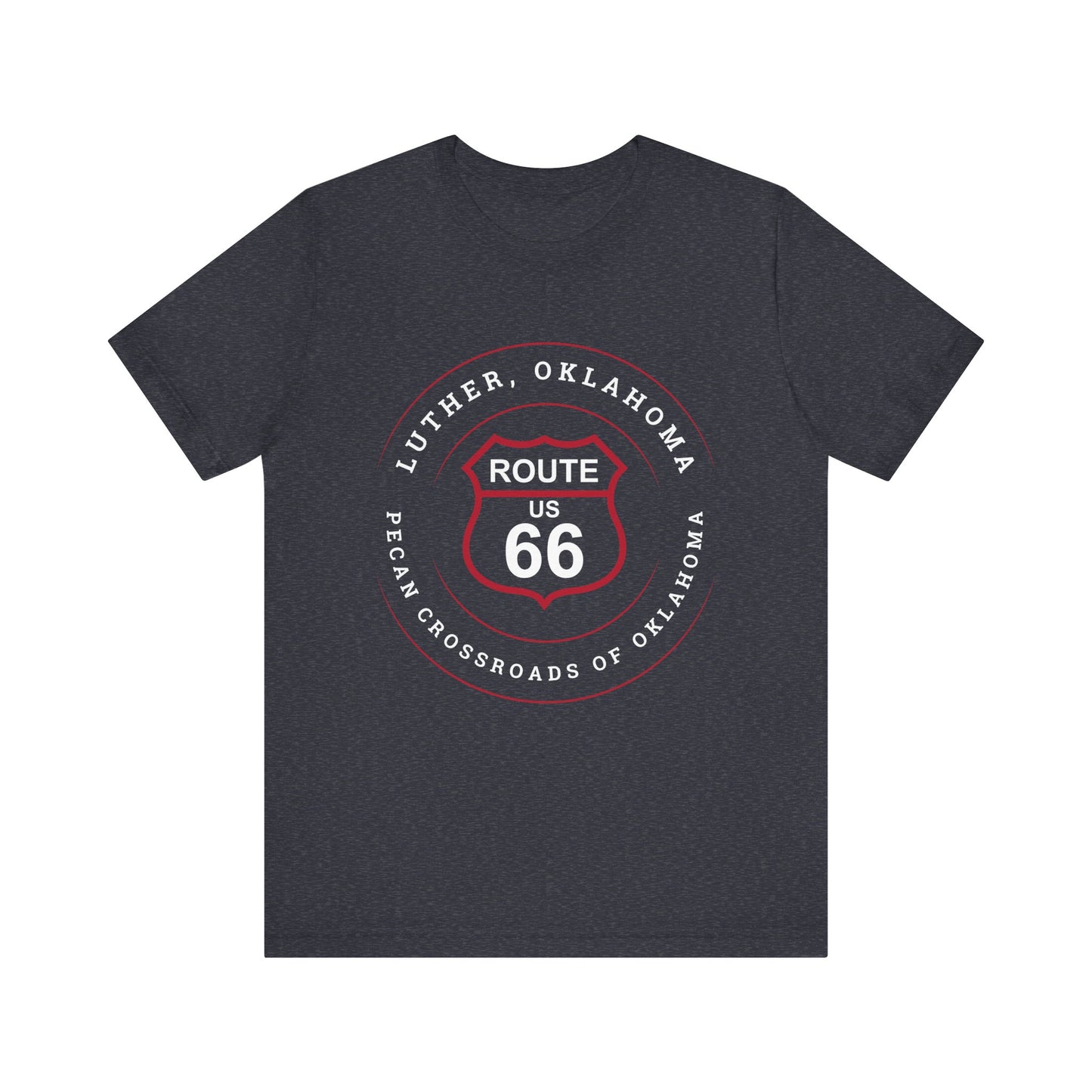 Heather navy retro Route 66 unisex jersey tee with Luther, OK "Pecan Crossroads of Route 66" design