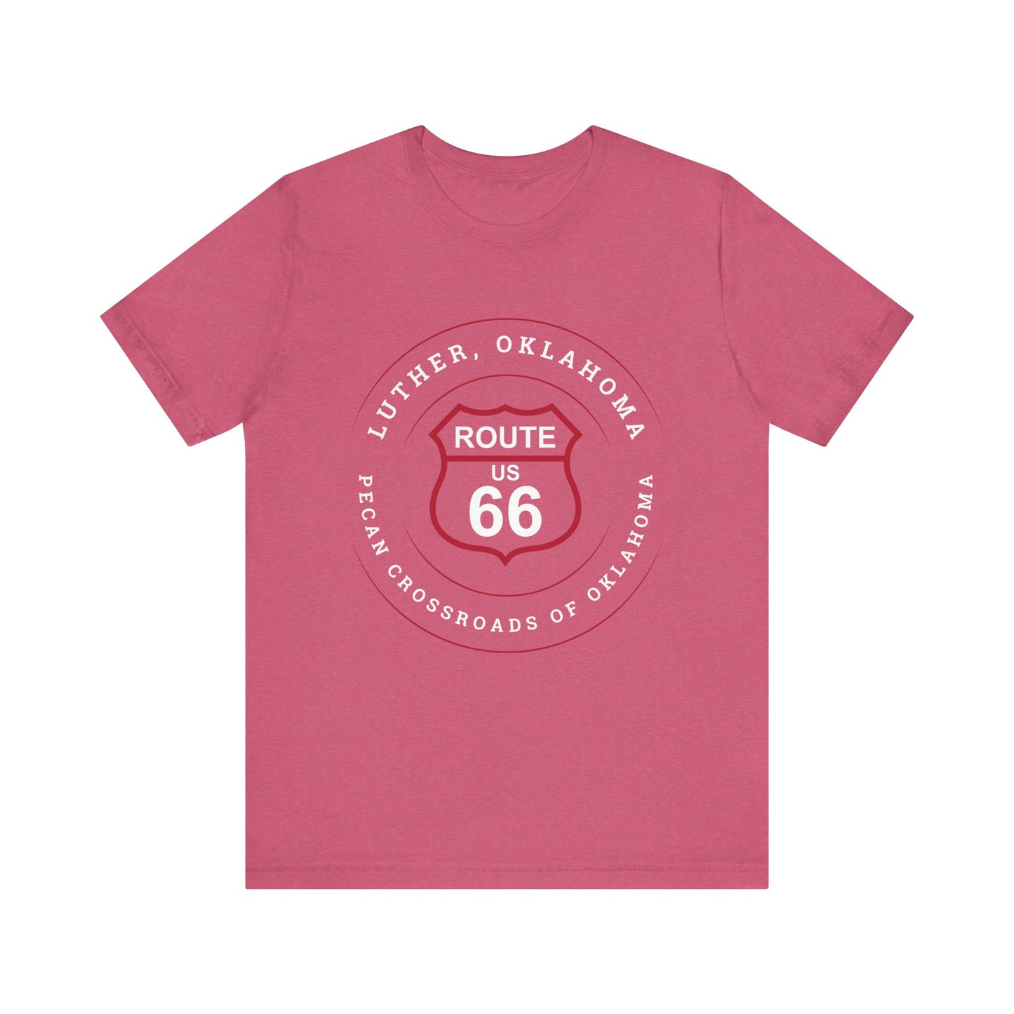 Heather raspberry retro Route 66 unisex jersey tee with Luther, OK "Pecan Crossroads of Route 66" design