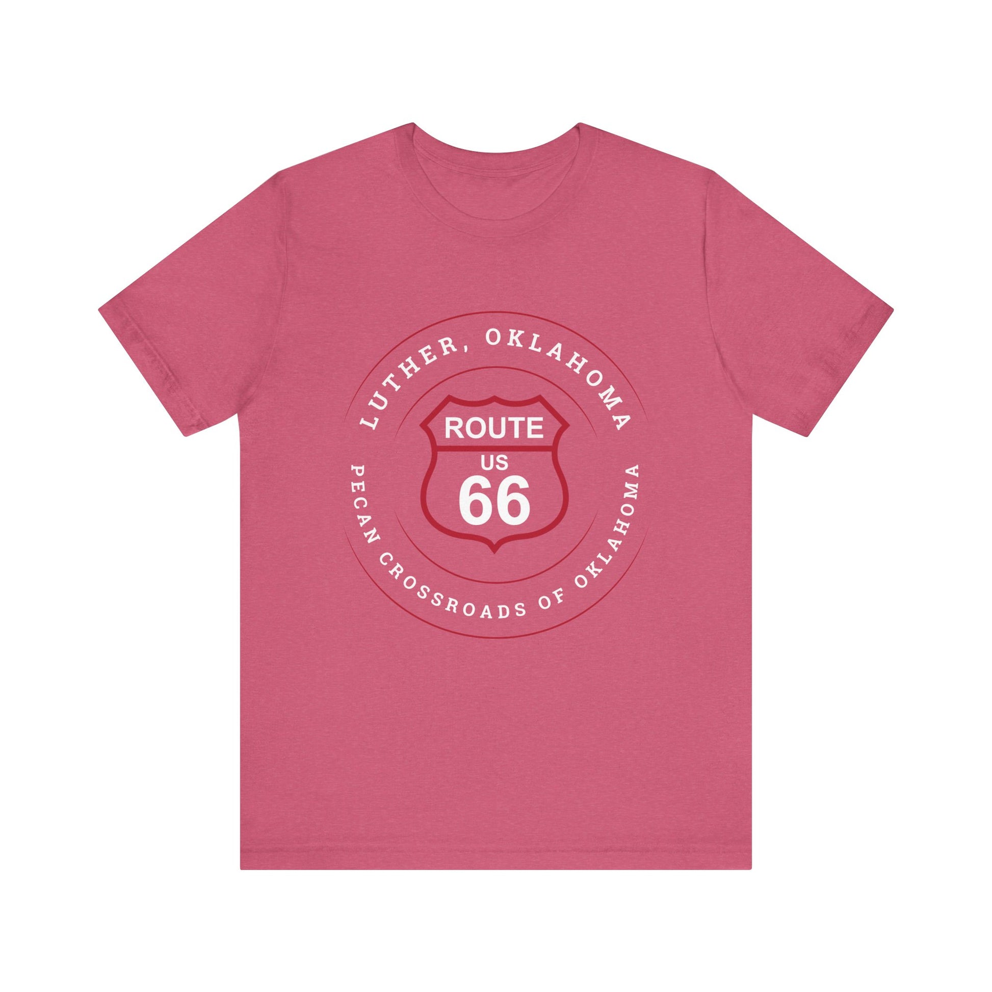 Heather raspberry retro Route 66 unisex jersey tee with Luther, OK "Pecan Crossroads of Route 66" design