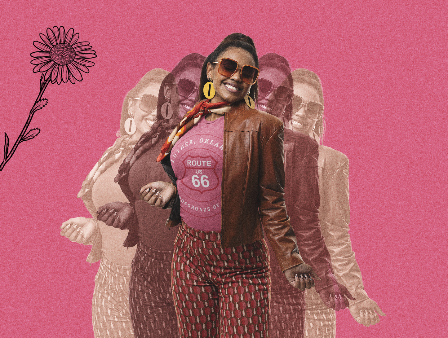 Female model wearing heather raspberry retro Route 66 unisex jersey tee with Luther, OK: "Pecan Crossroads of OK" design, styled with a brown leather jacket, patterned pants, yellow statement earrings, and sunglasses, set against a vibrant pink artistic background with layered motion effect and floral graphic