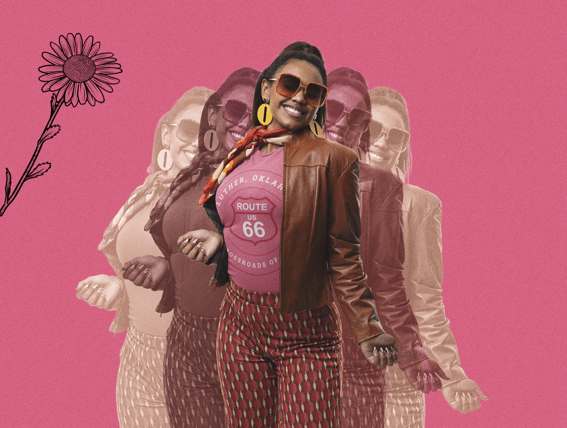 Female model wearing heather raspberry retro Route 66 unisex jersey tee with Luther, OK: "Pecan Crossroads of OK" design, styled with a brown leather jacket, patterned pants, yellow statement earrings, and sunglasses, set against a vibrant pink artistic background with layered motion effect and floral graphic