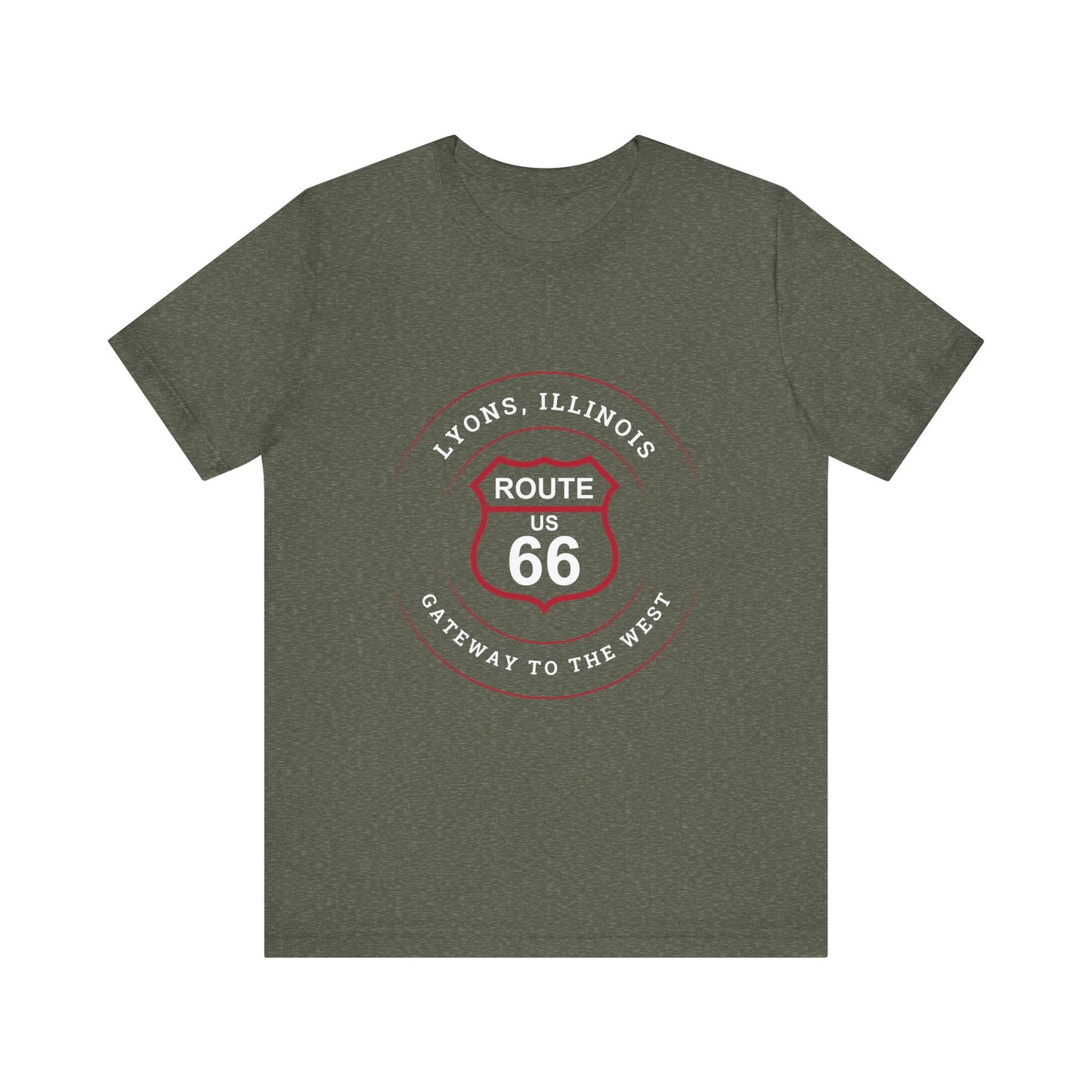 Heather military green retro Route 66 unisex jersey tee with Lyons, IL: "Gateway to the West" design