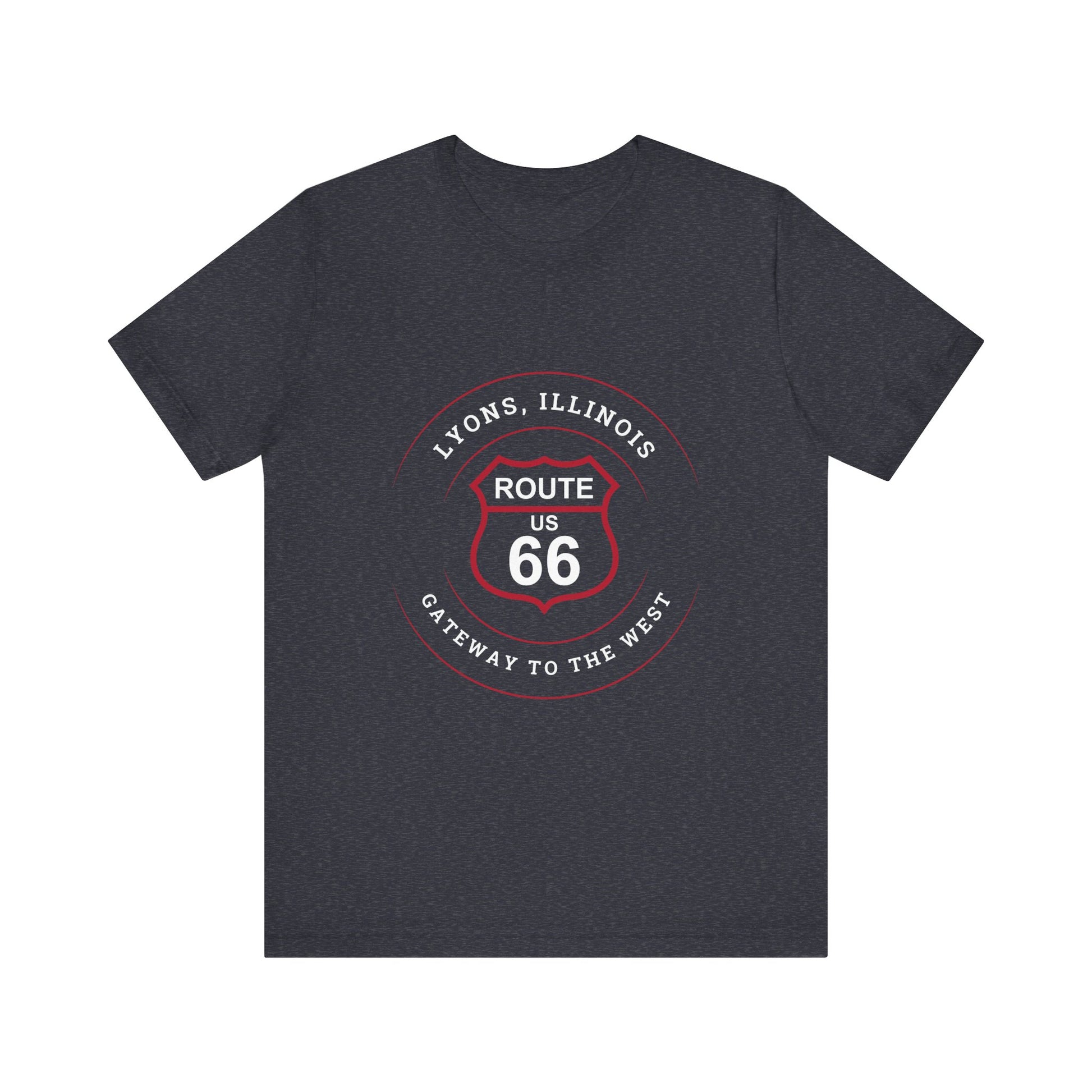 Heather navy retro Route 66 unisex jersey tee with Lyons, IL: "Gateway to the West" design