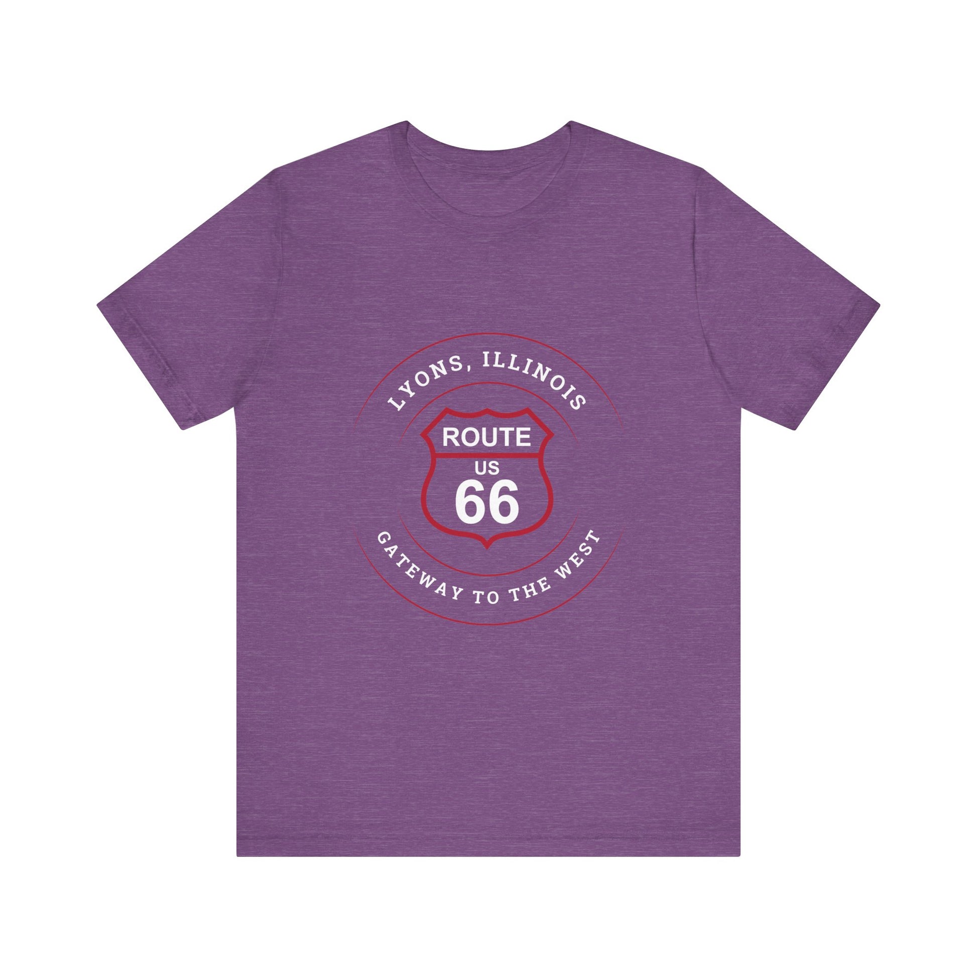 Heather team purple retro Route 66 unisex jersey tee with Lyons, IL: "Gateway to the West" design
