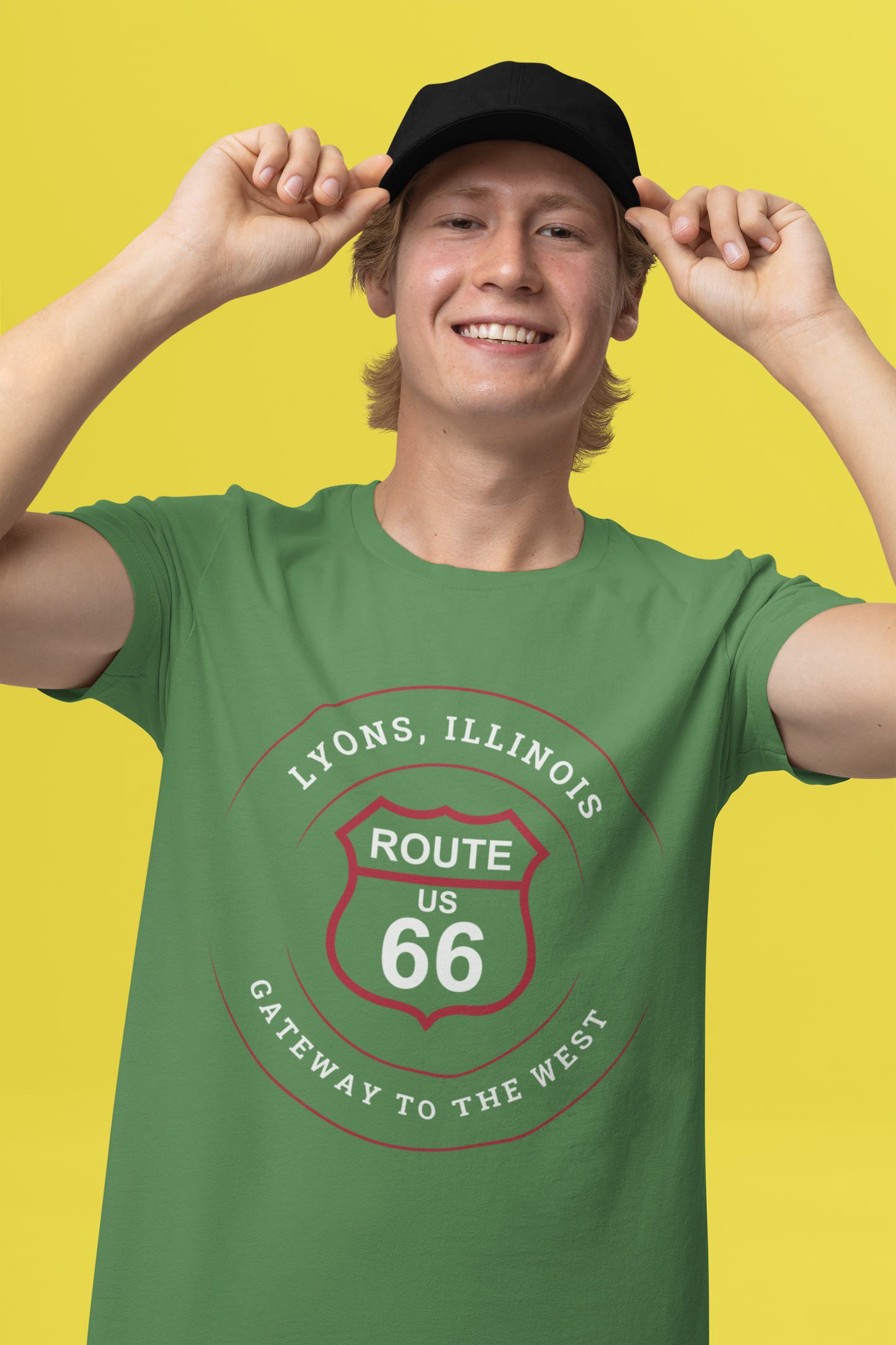 Male model wearing a black retro Route 66 unisex jersey tee with a Lyons, IL: "Gateway to the West" design