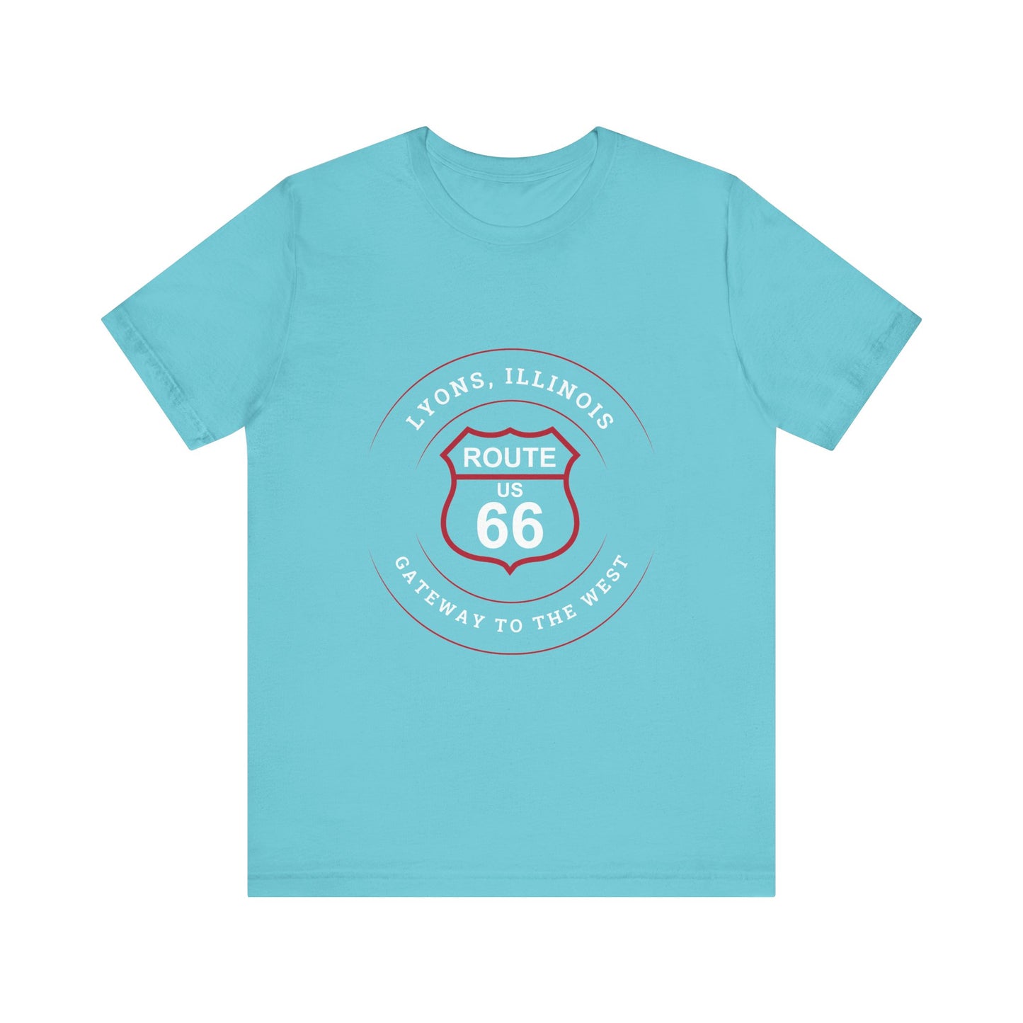 Turquoise retro Route 66 unisex jersey tee with Lyons, IL: "Gateway to the West" design