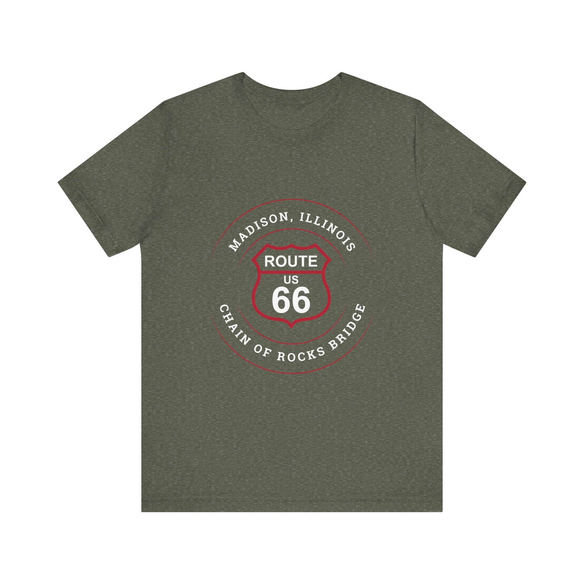 Heather military green retro Route 66 unisex jersey tee with Madison, IL:: "Chain of Rocks Bridge" design