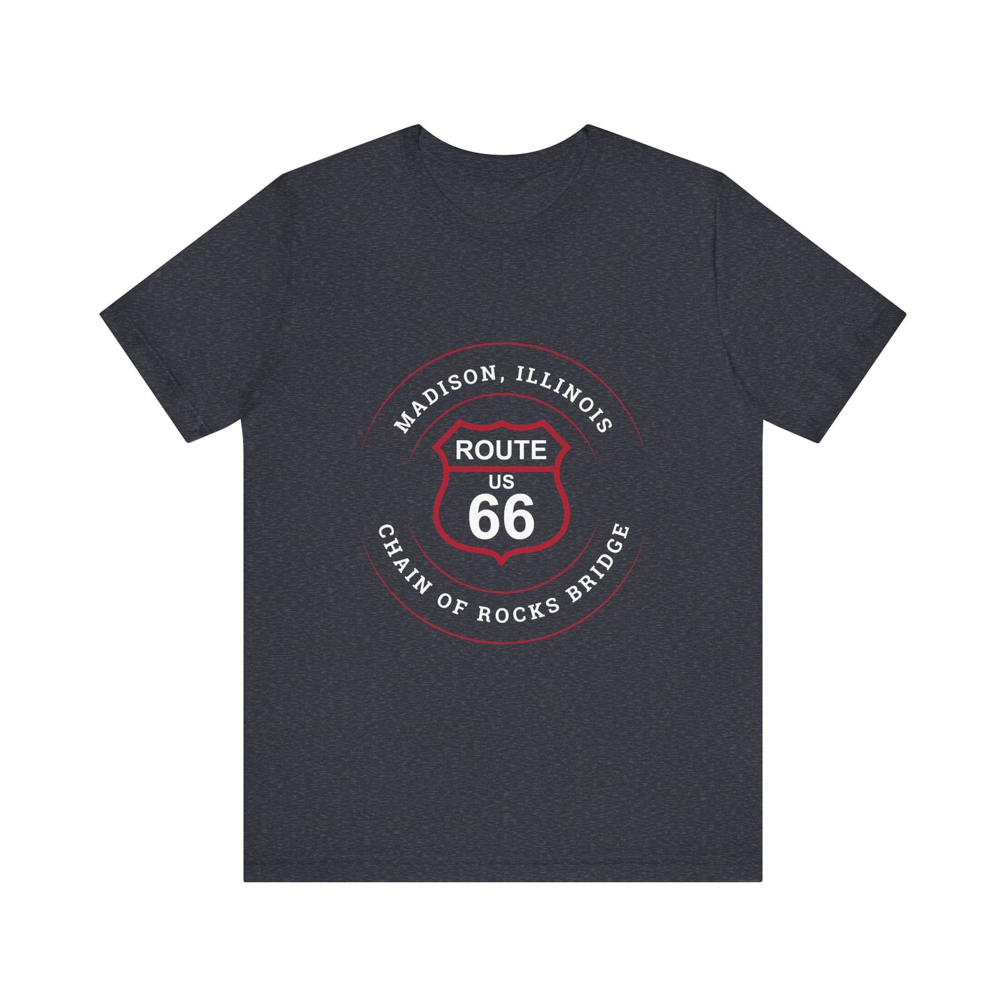 Heather navy retro Route 66 unisex jersey tee with Madison, IL:: "Chain of Rocks Bridge" design