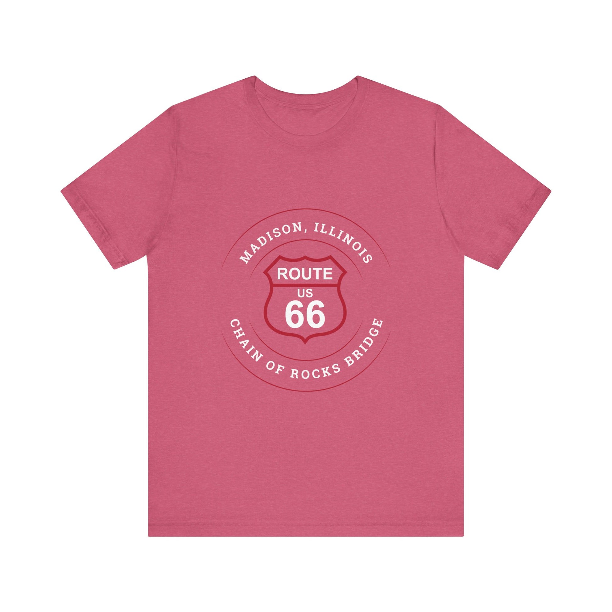 Heather raspberry retro Route 66 unisex jersey tee with Madison, IL:: "Chain of Rocks Bridge" design