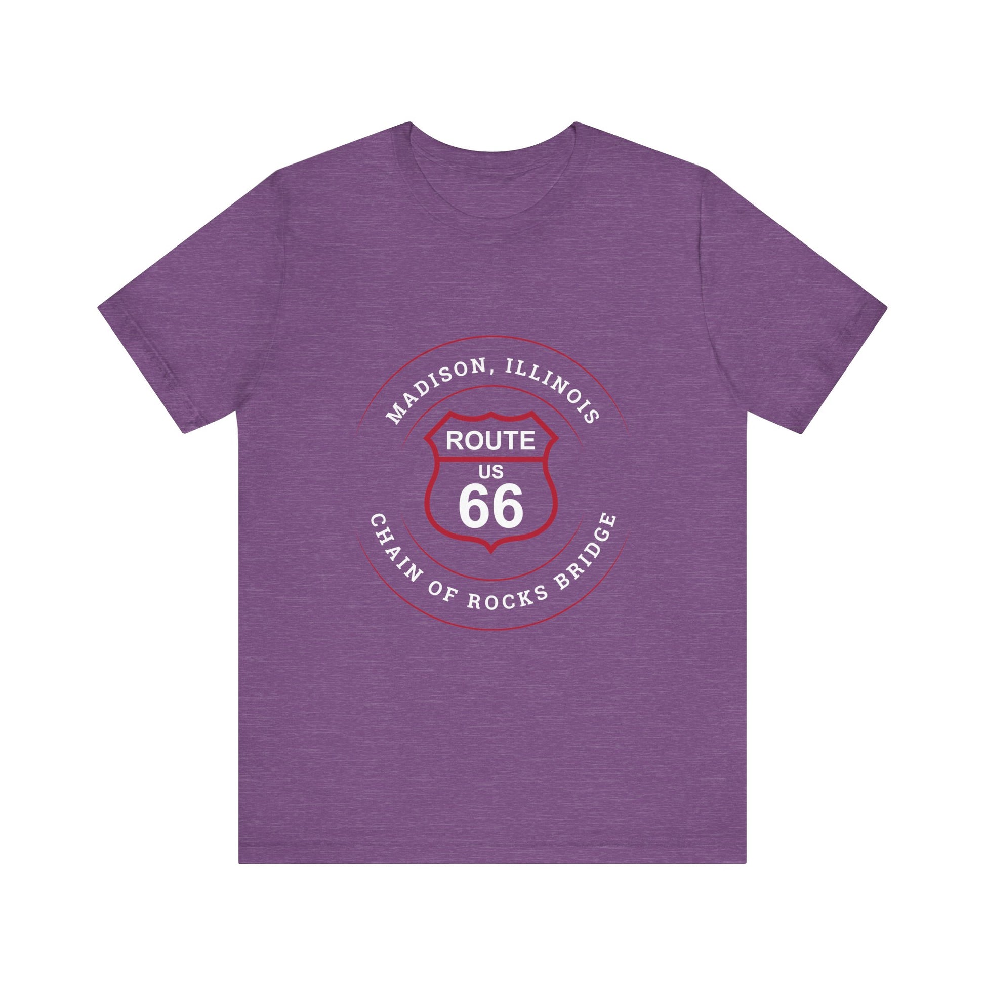 Heather team purple retro Route 66 unisex jersey tee with Madison, IL:: "Chain of Rocks Bridge" design