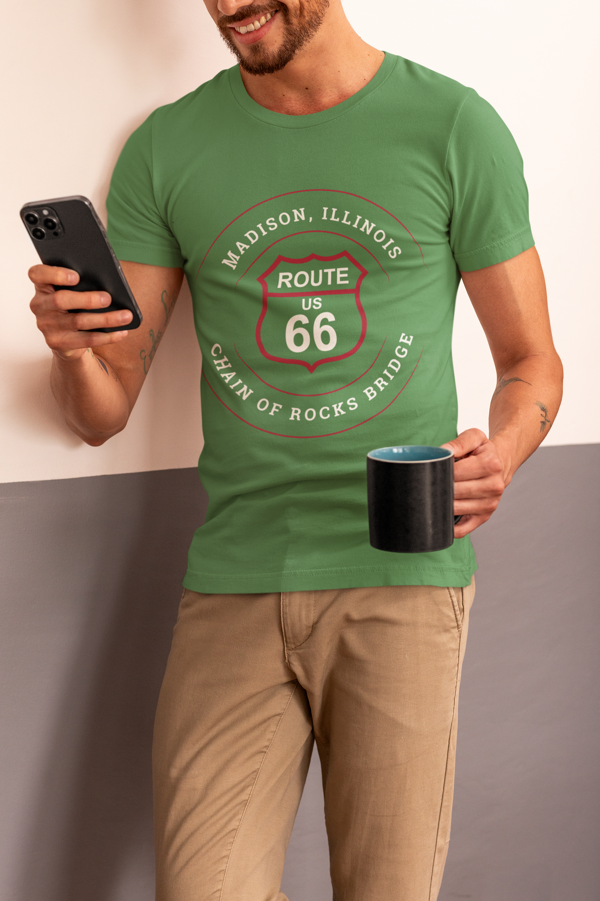 Female model wearing a leaf retro Route 66 unisex jersey tee with a Madison, IL:: "Chain of Rocks Bridge" design