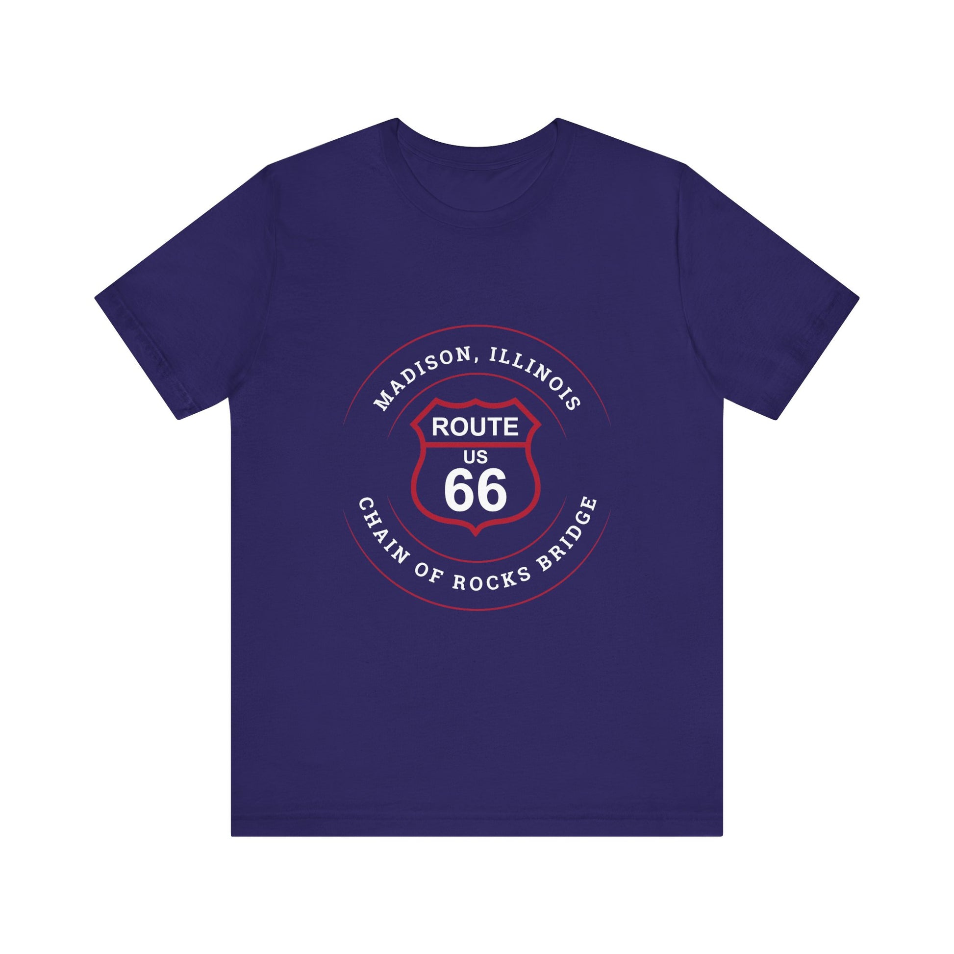 Team navy retro Route 66 unisex jersey tee with Madison, IL:: "Chain of Rocks Bridge" design