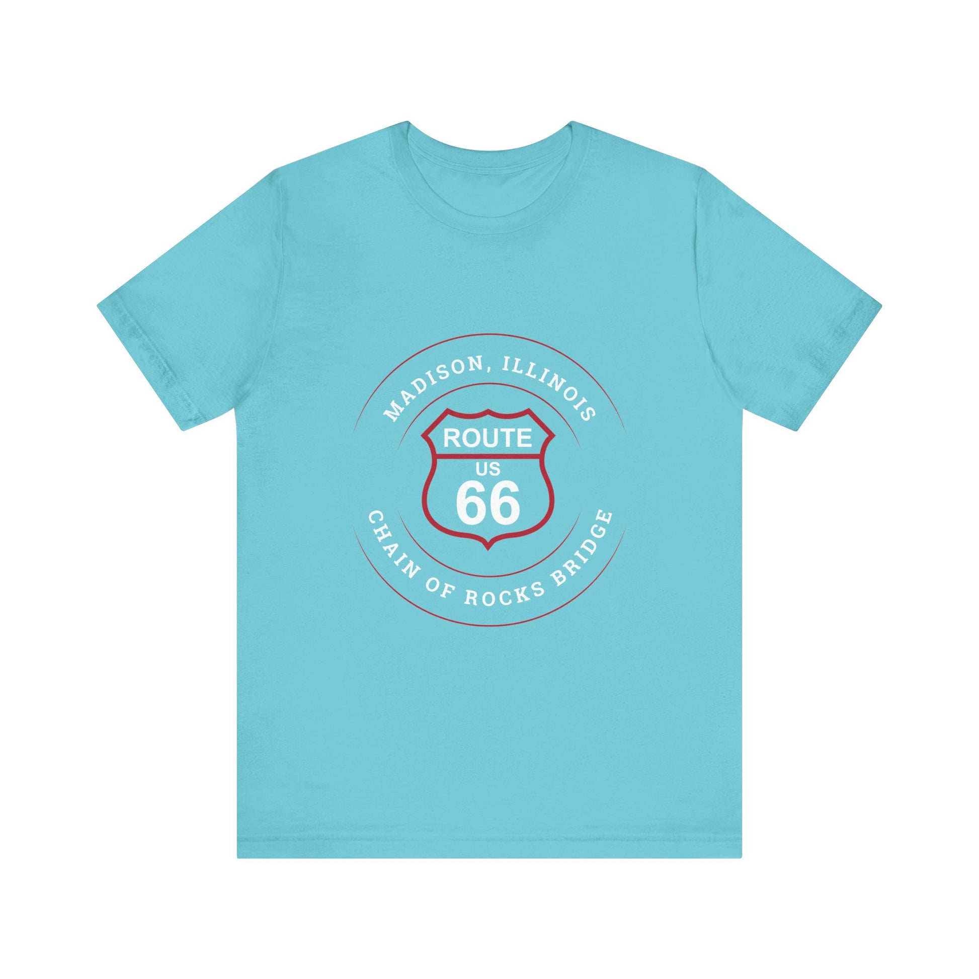 Turquoise retro Route 66 unisex jersey tee with Madison, IL:: "Chain of Rocks Bridge" design