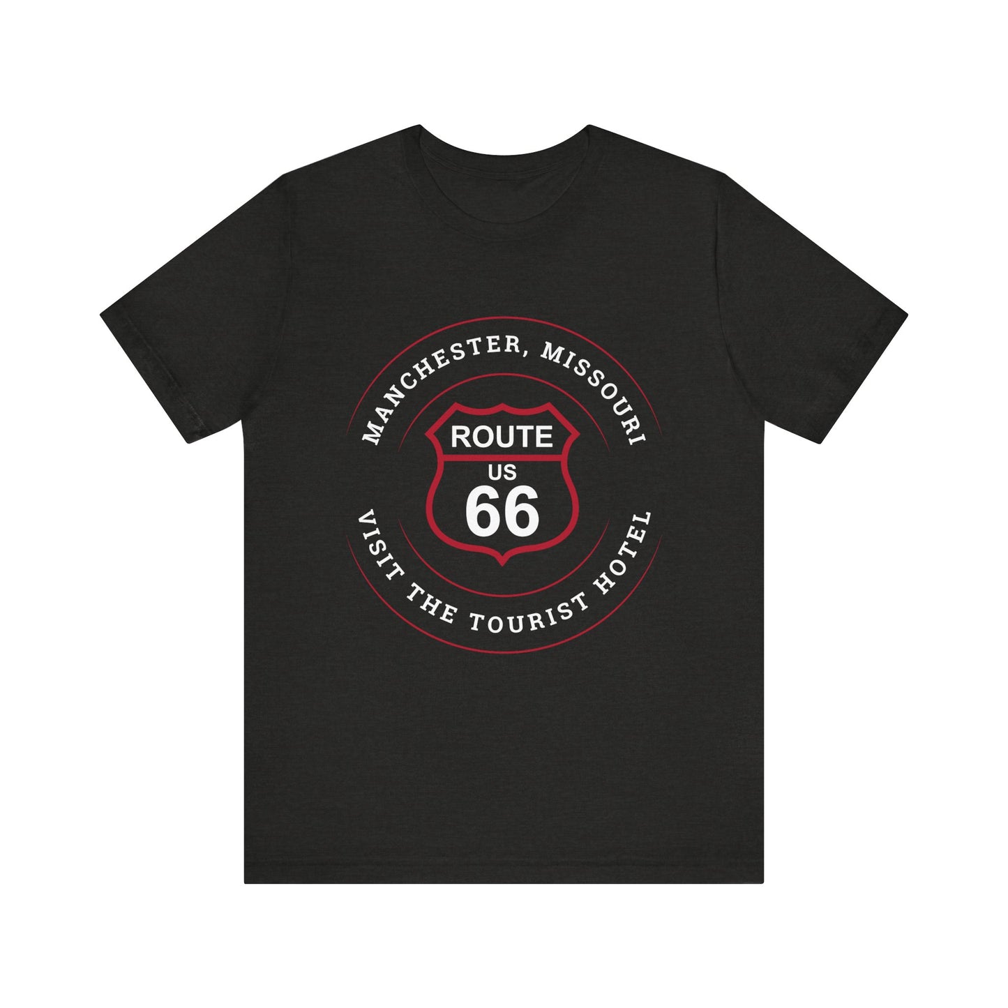 Black heather retro Route 66 unisex jersey tee with Manchester, MO: "Visit the Tourist Hotel" design