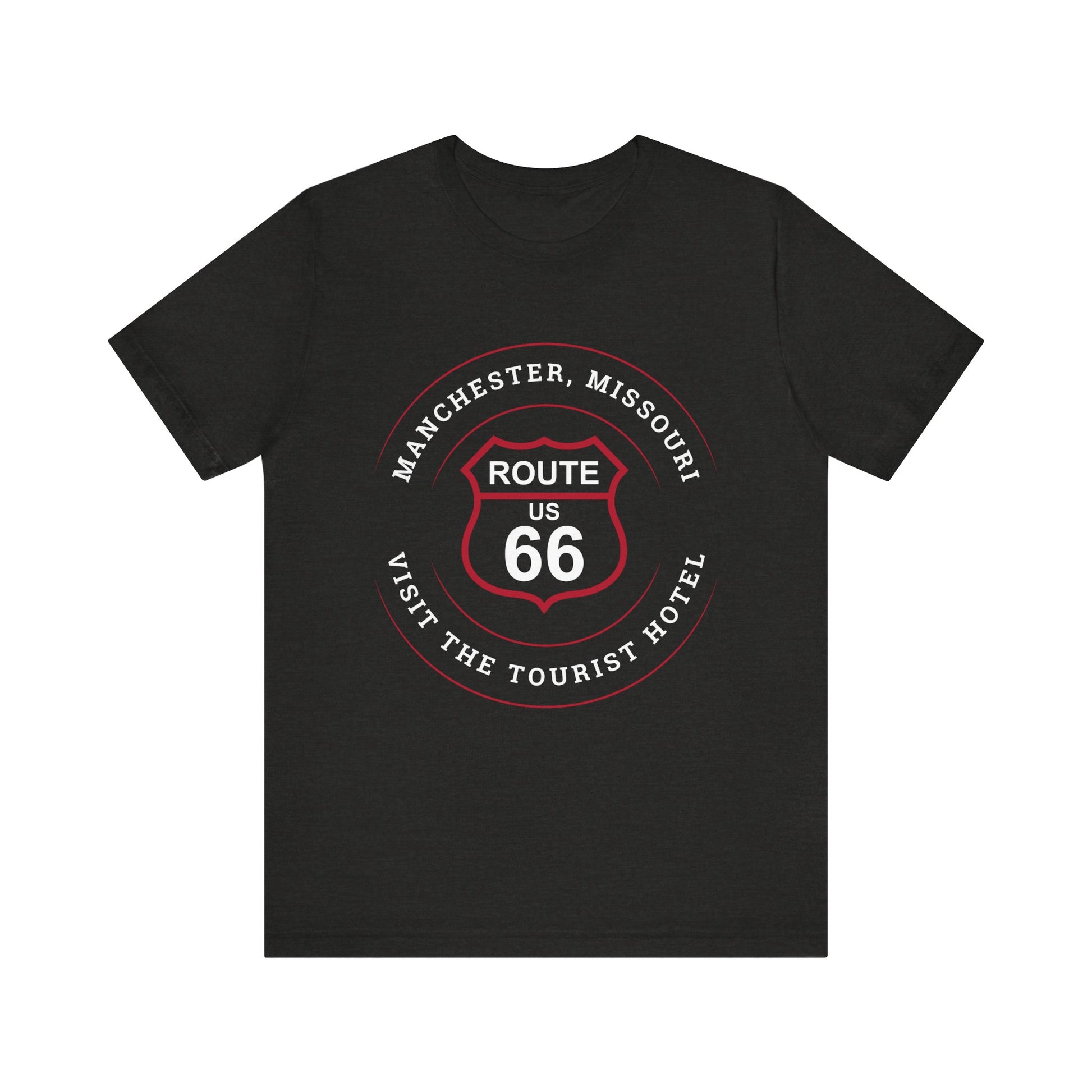 Black heather retro Route 66 unisex jersey tee with Manchester, MO: "Visit the Tourist Hotel" design