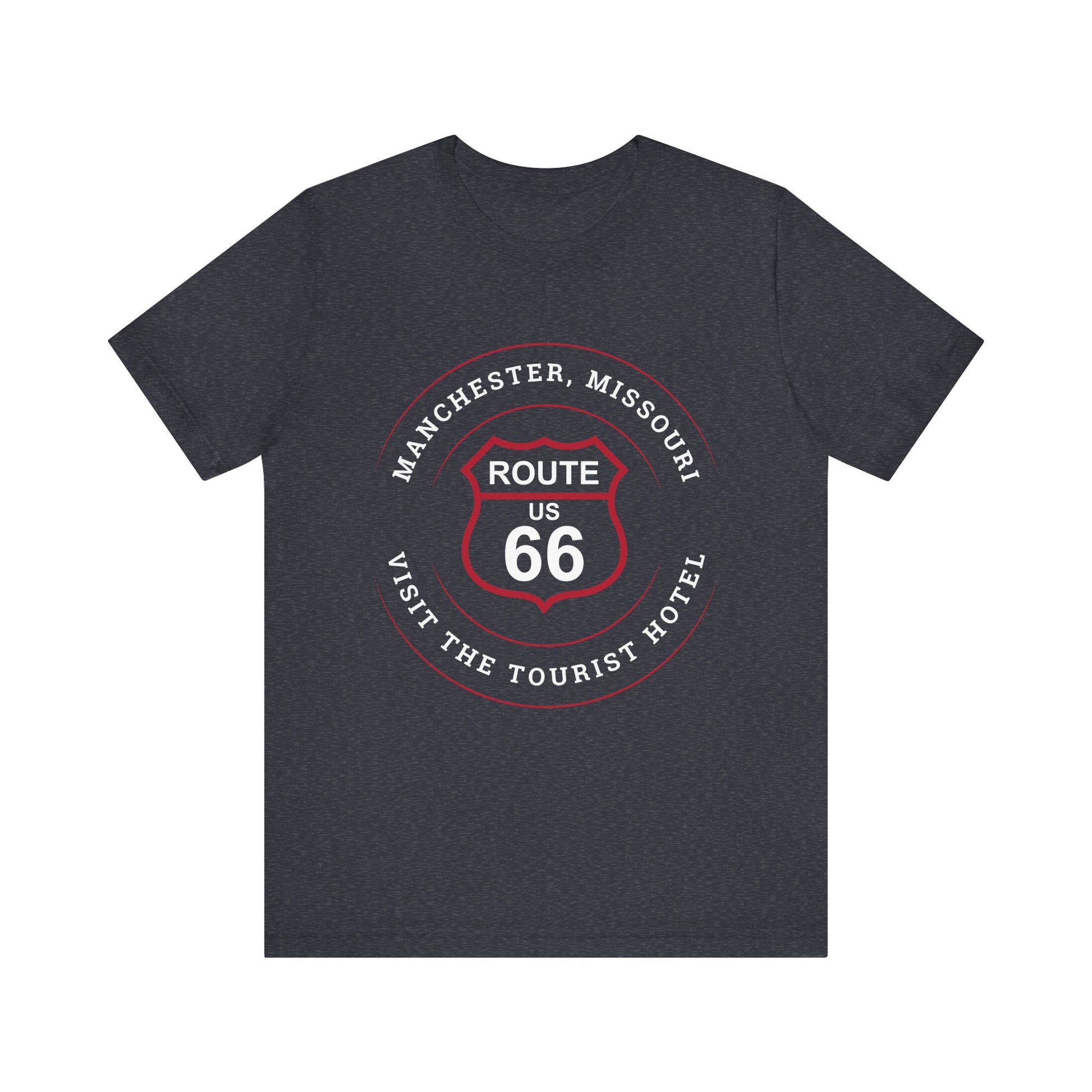 Heather navy retro Route 66 unisex jersey tee with Manchester, MO: "Visit the Tourist Hotel" design