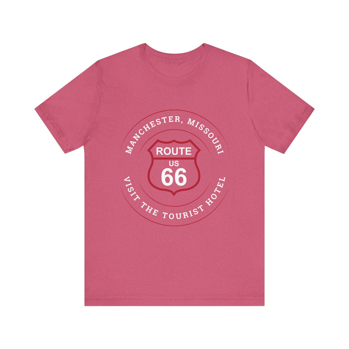 Heather raspberry retro Route 66 unisex jersey tee with Manchester, MO: "Visit the Tourist Hotel" design