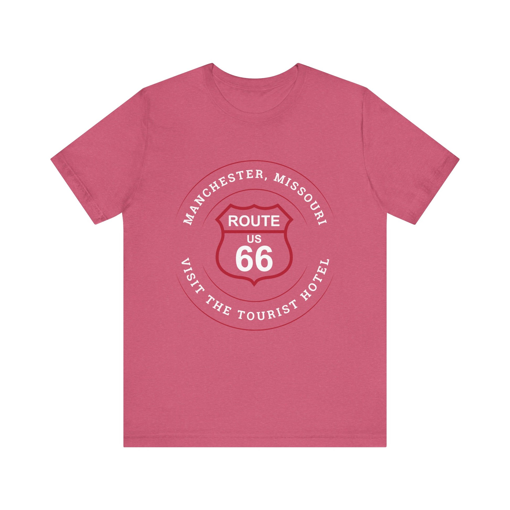 Heather raspberry retro Route 66 unisex jersey tee with Manchester, MO: "Visit the Tourist Hotel" design