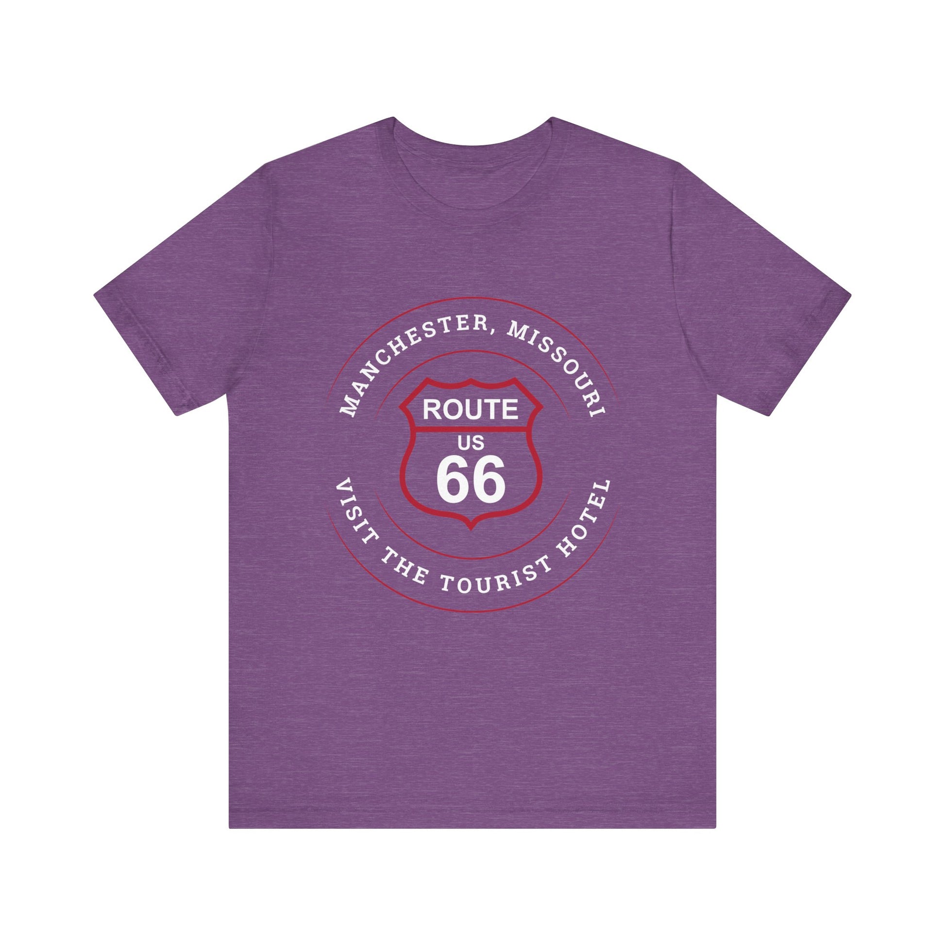 Heather team purple retro Route 66 unisex jersey tee with Manchester, MO: "Visit the Tourist Hotel" design
