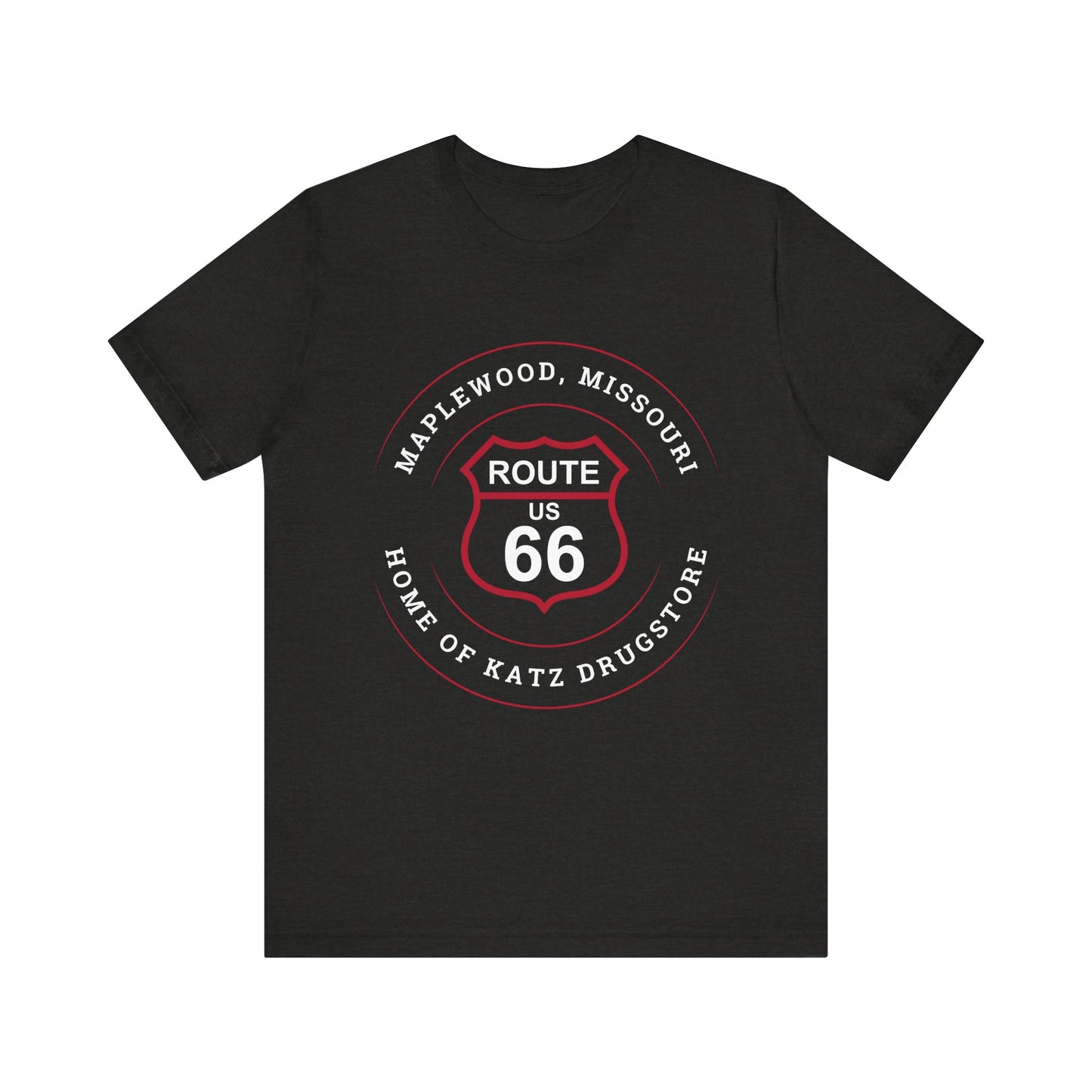 Black heather retro Route 66 unisex jersey tee with Maplewood, MO: "Home of Katz Drugstore" design