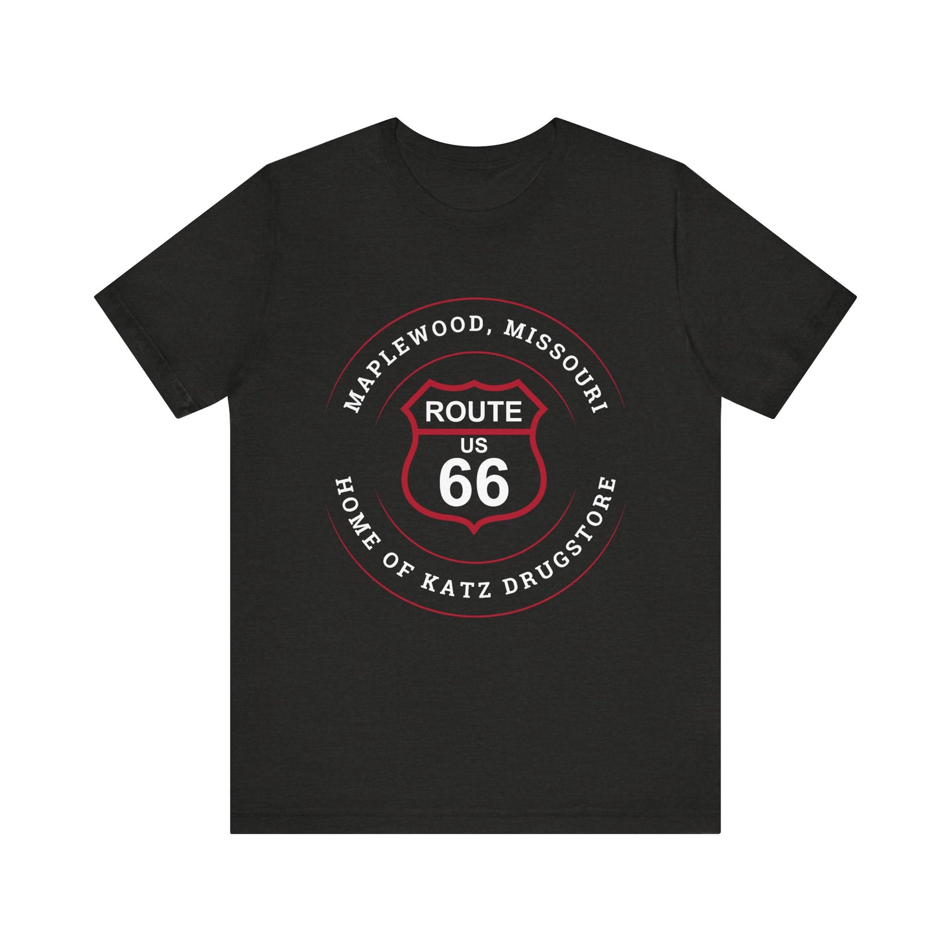 Black heather retro Route 66 unisex jersey tee with Maplewood, MO: "Home of Katz Drugstore" design