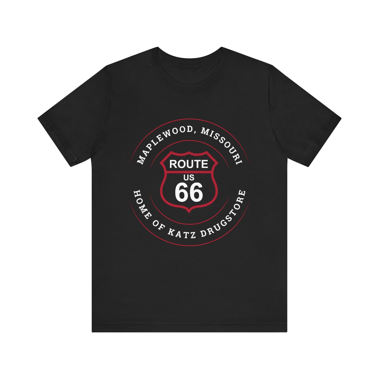 Black retro Route 66 unisex jersey tee with Maplewood, MO: "Home of Katz Drugstore" design