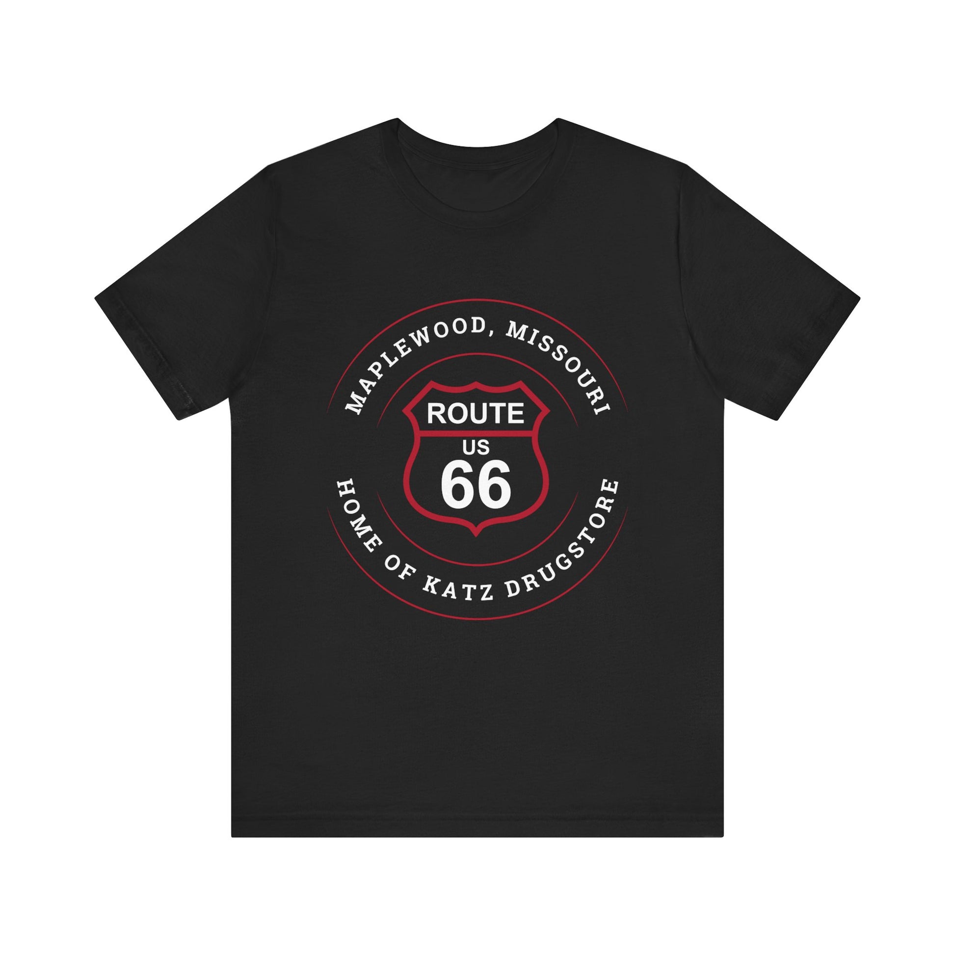 Black retro Route 66 unisex jersey tee with Maplewood, MO: "Home of Katz Drugstore" design