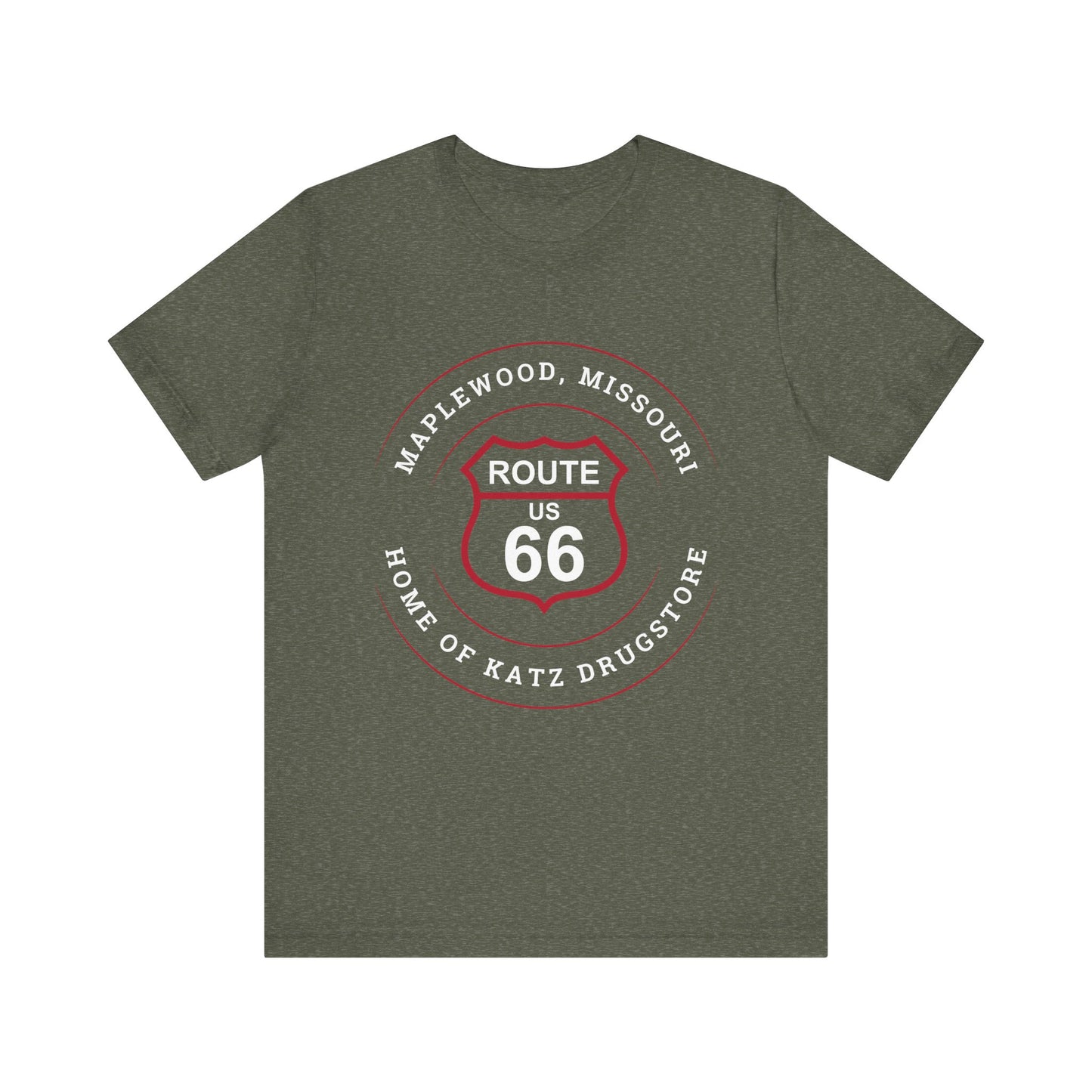 Heather military green retro Route 66 unisex jersey tee with Maplewood, MO: "Home of Katz Drugstore" design