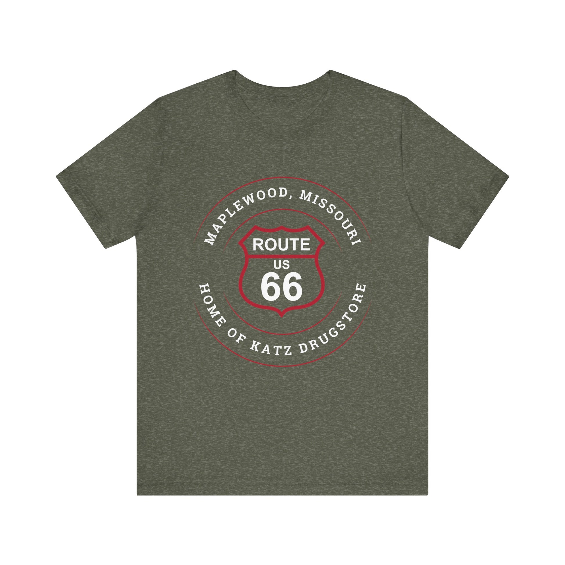 Heather military green retro Route 66 unisex jersey tee with Maplewood, MO: "Home of Katz Drugstore" design