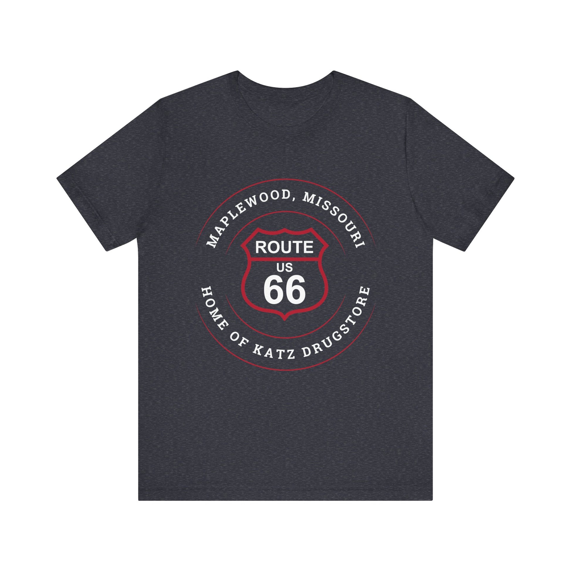 Heather navy retro Route 66 unisex jersey tee with Maplewood, MO: "Home of Katz Drugstore" design