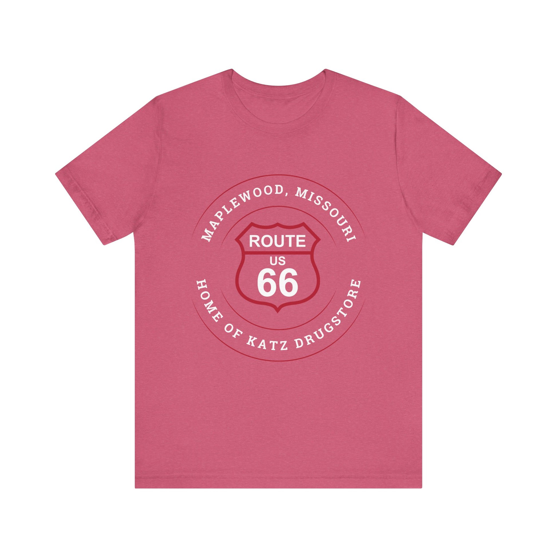 Heather raspberry retro Route 66 unisex jersey tee with Maplewood, MO: "Home of Katz Drugstore" design