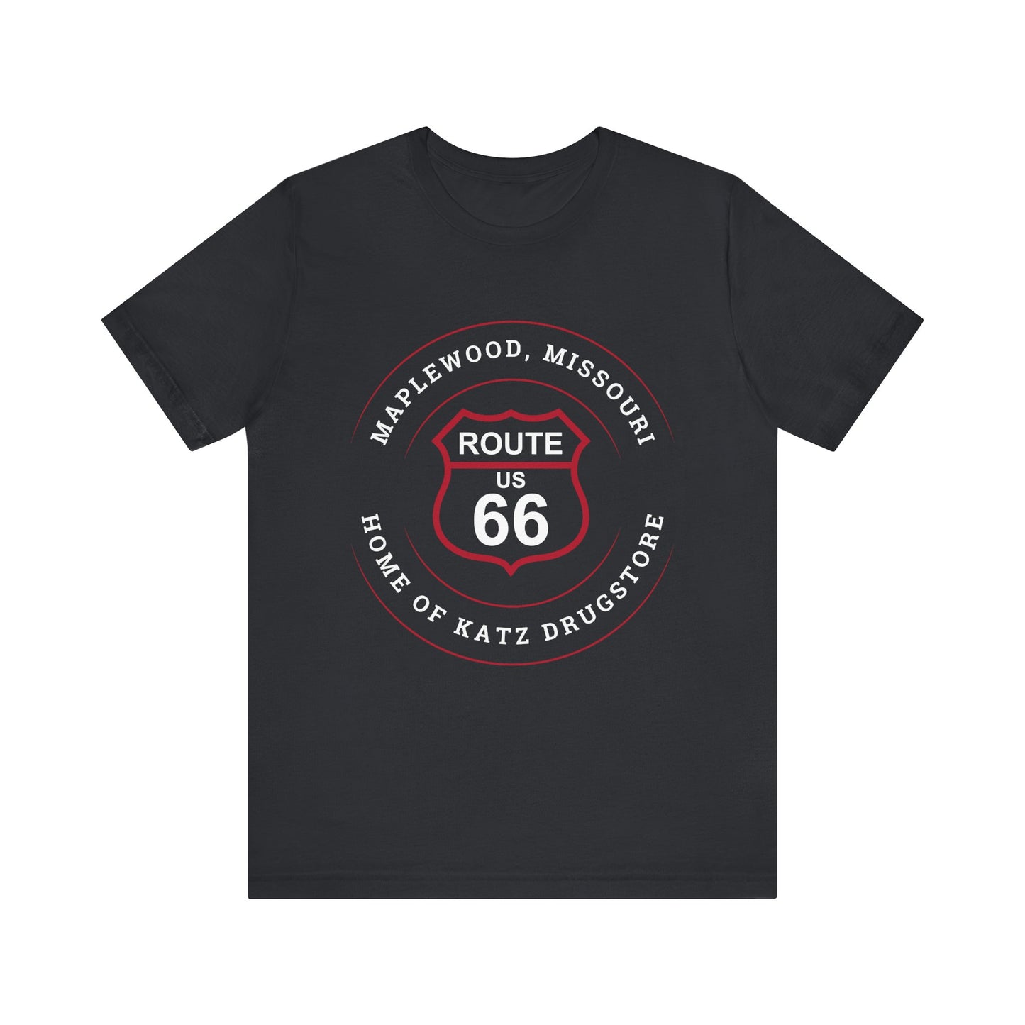 Vintage black retro Route 66 unisex jersey tee with Maplewood, MO: "Home of Katz Drugstore" design
