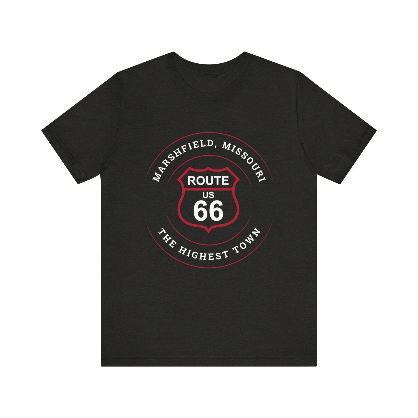 Black heather retro Route 66 unisex jersey tee with Marshfield, MO: "The Highest Town on Route 66" design