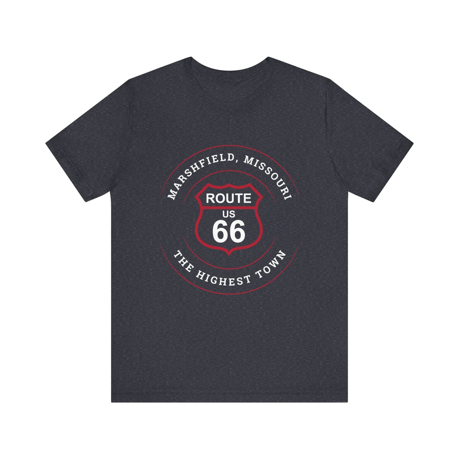 Heather navy retro Route 66 unisex jersey tee with Marshfield, MO: "The Highest Town on Route 66" design