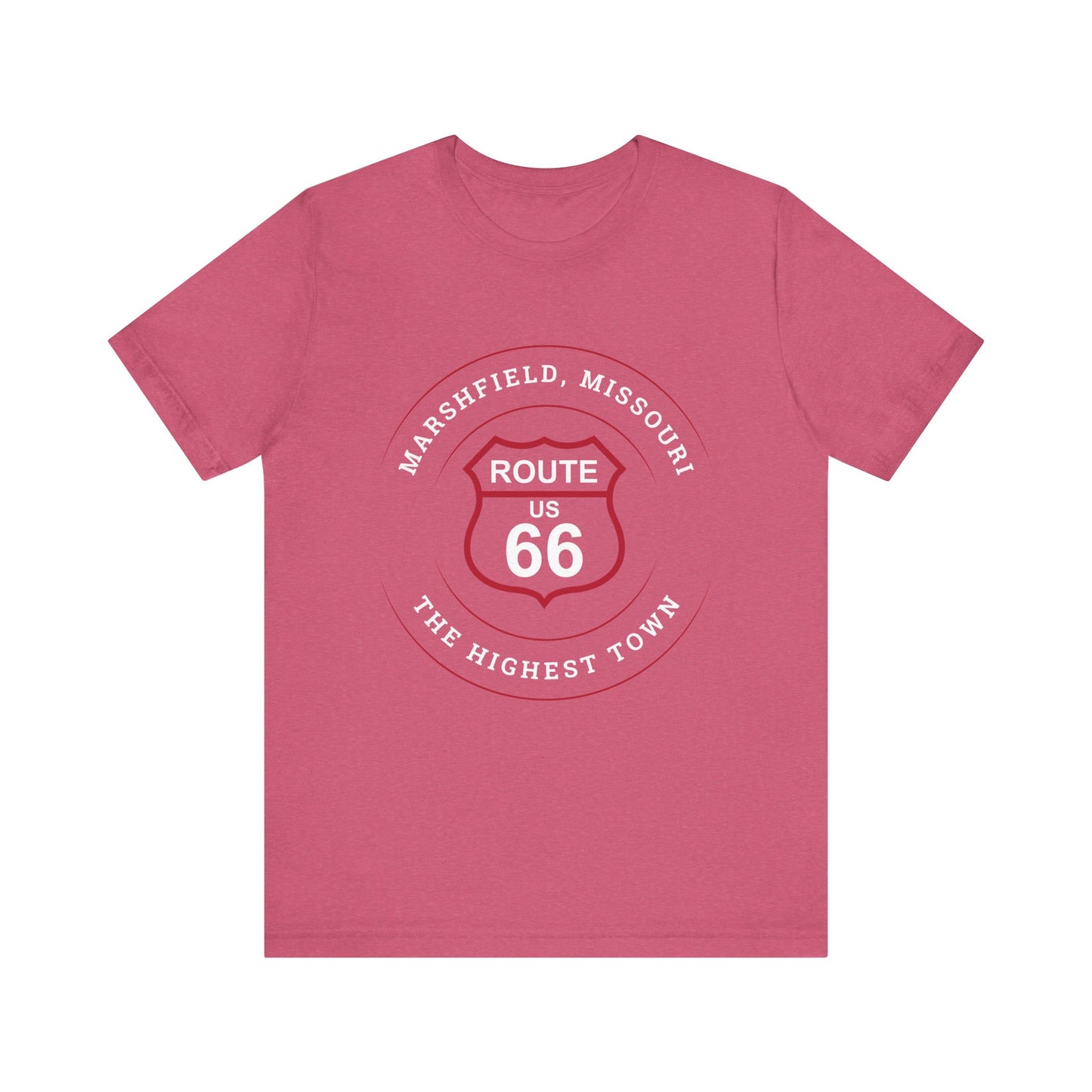 Heather raspberry retro Route 66 unisex jersey tee with Marshfield, MO: "The Highest Town on Route 66" design