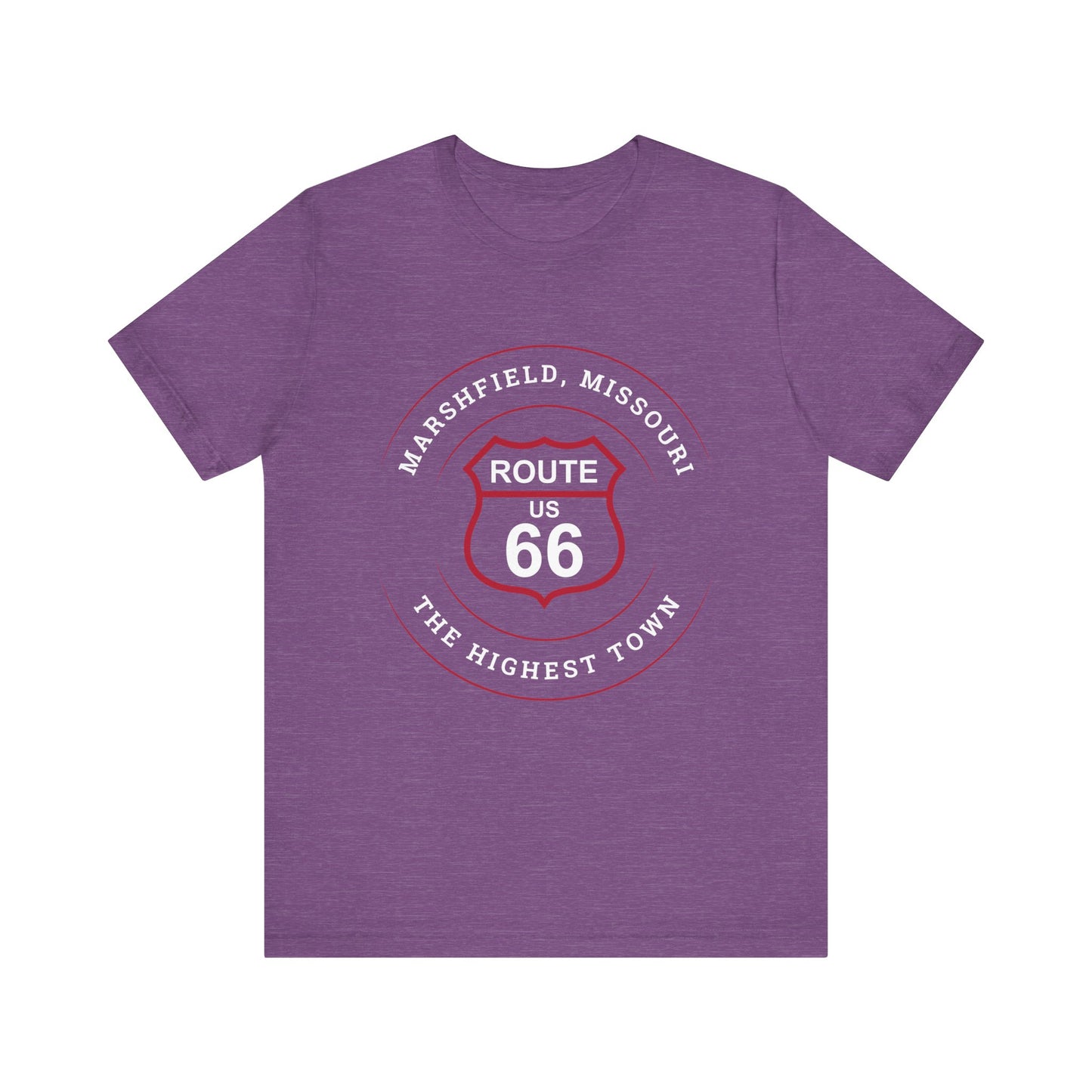Heather team purple retro Route 66 unisex jersey tee with Marshfield, MO: "The Highest Town on Route 66" design