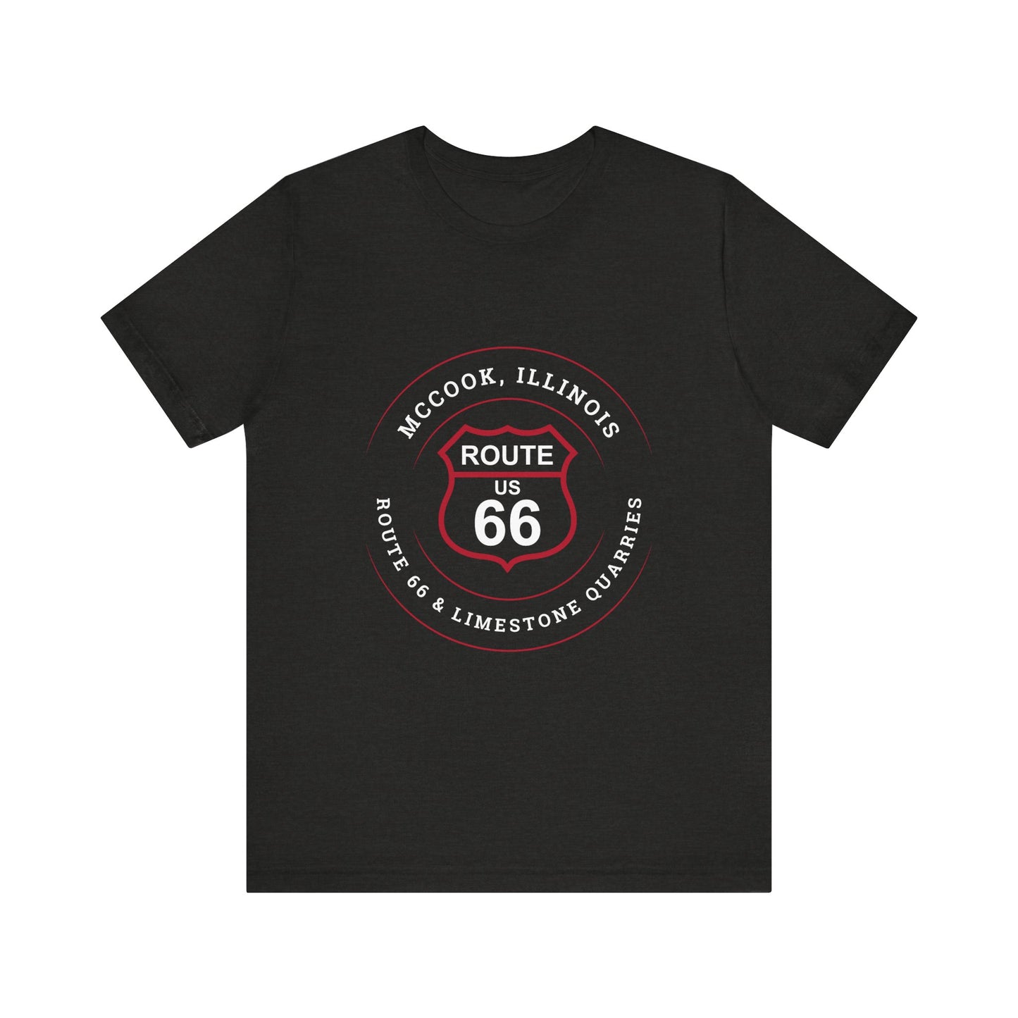Black heather retro Route 66 unisex jersey tee with McCook, IL: "Route 66 and Limestone Quarries" design