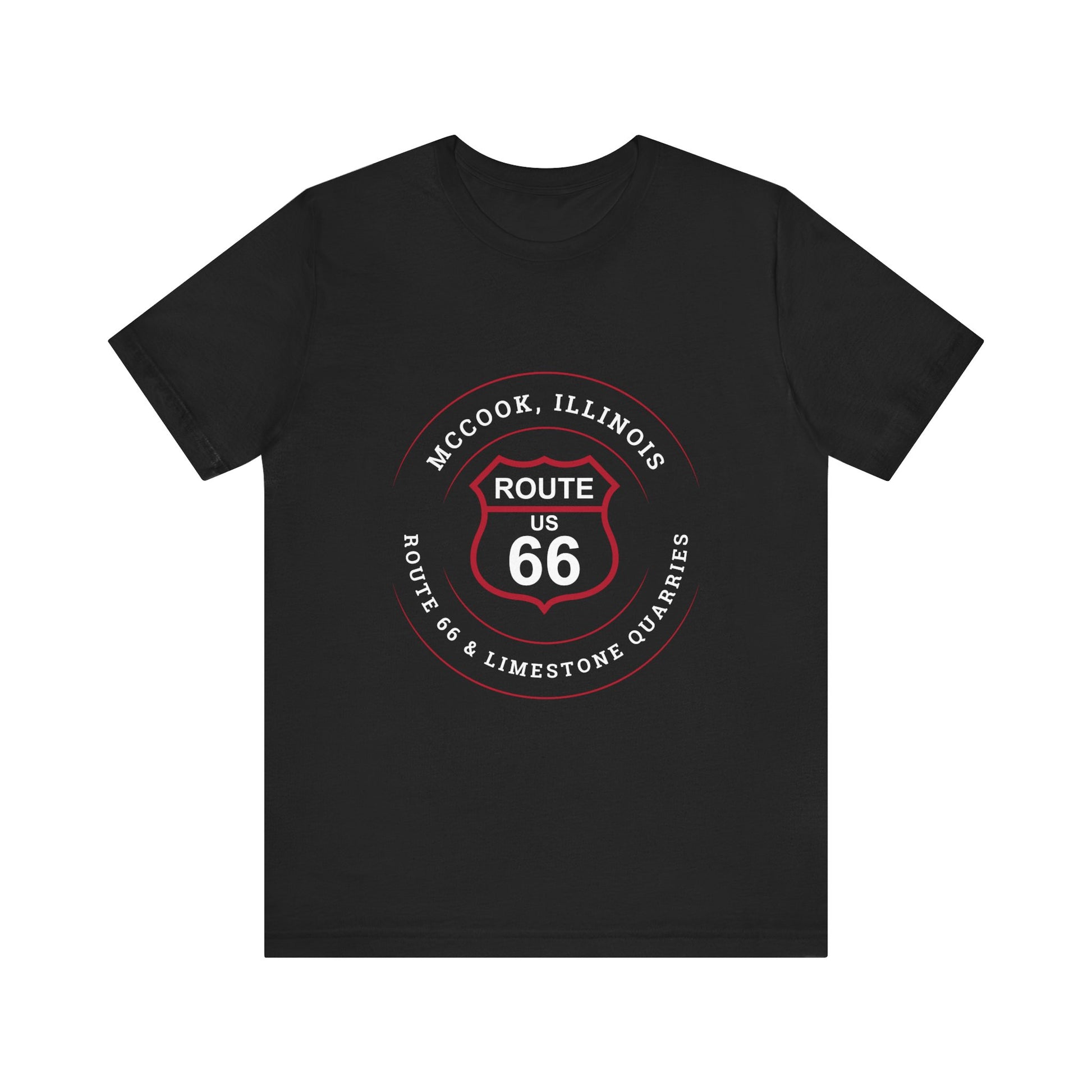 Black retro Route 66 unisex jersey tee with McCook, IL: "Route 66 and Limestone Quarries" design