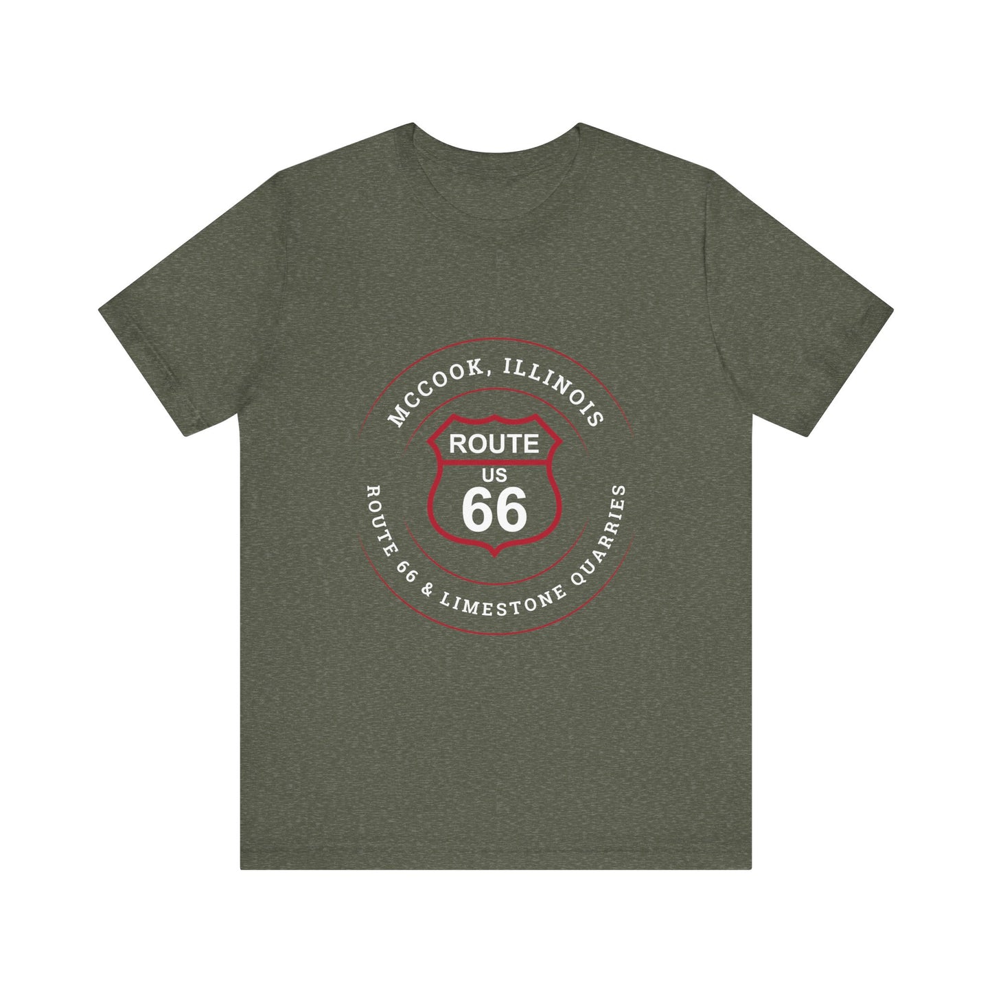 Heather military green retro Route 66 unisex jersey tee with McCook, IL: "Route 66 and Limestone Quarries" design