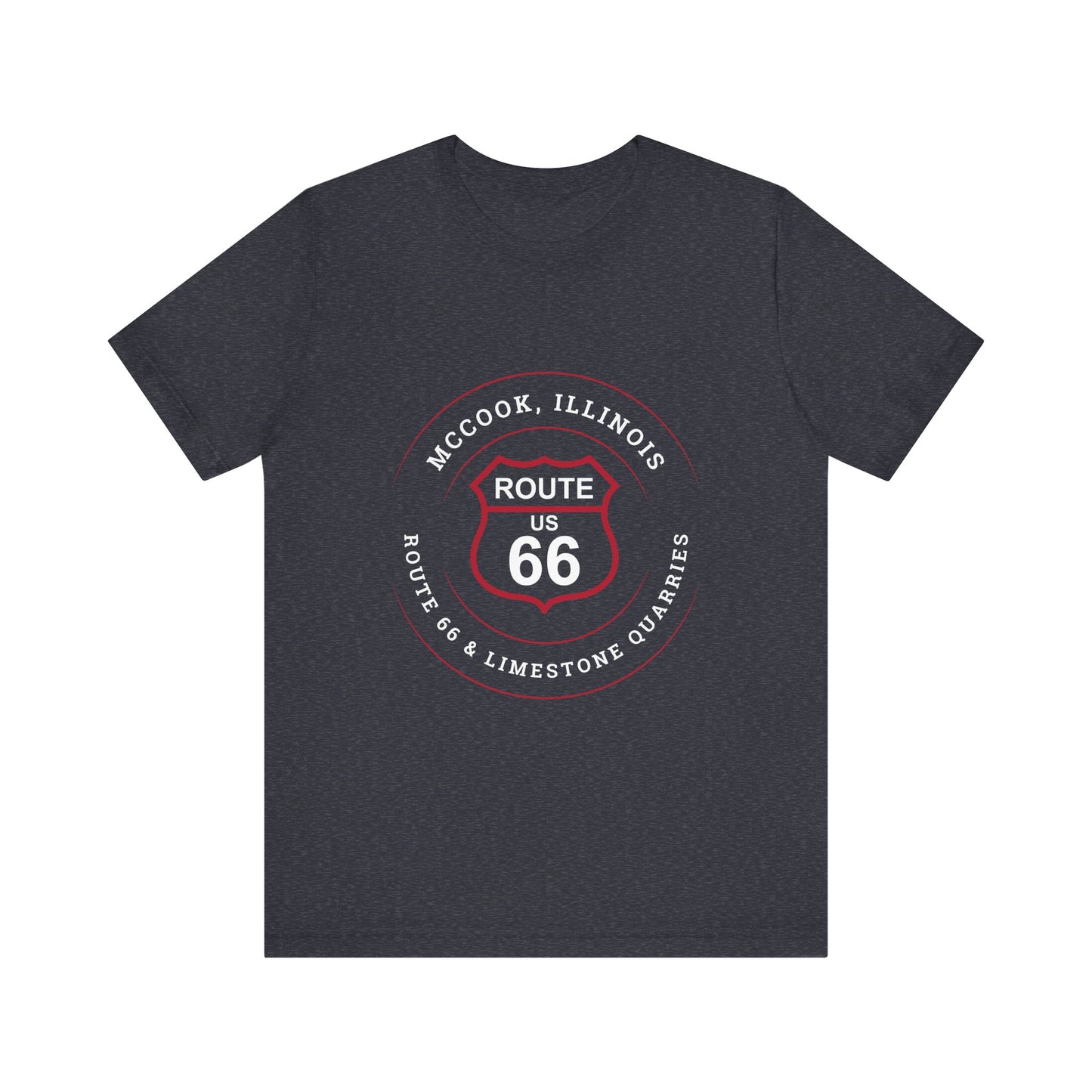 Heather navy retro Route 66 unisex jersey tee with McCook, IL: "Route 66 and Limestone Quarries" design
