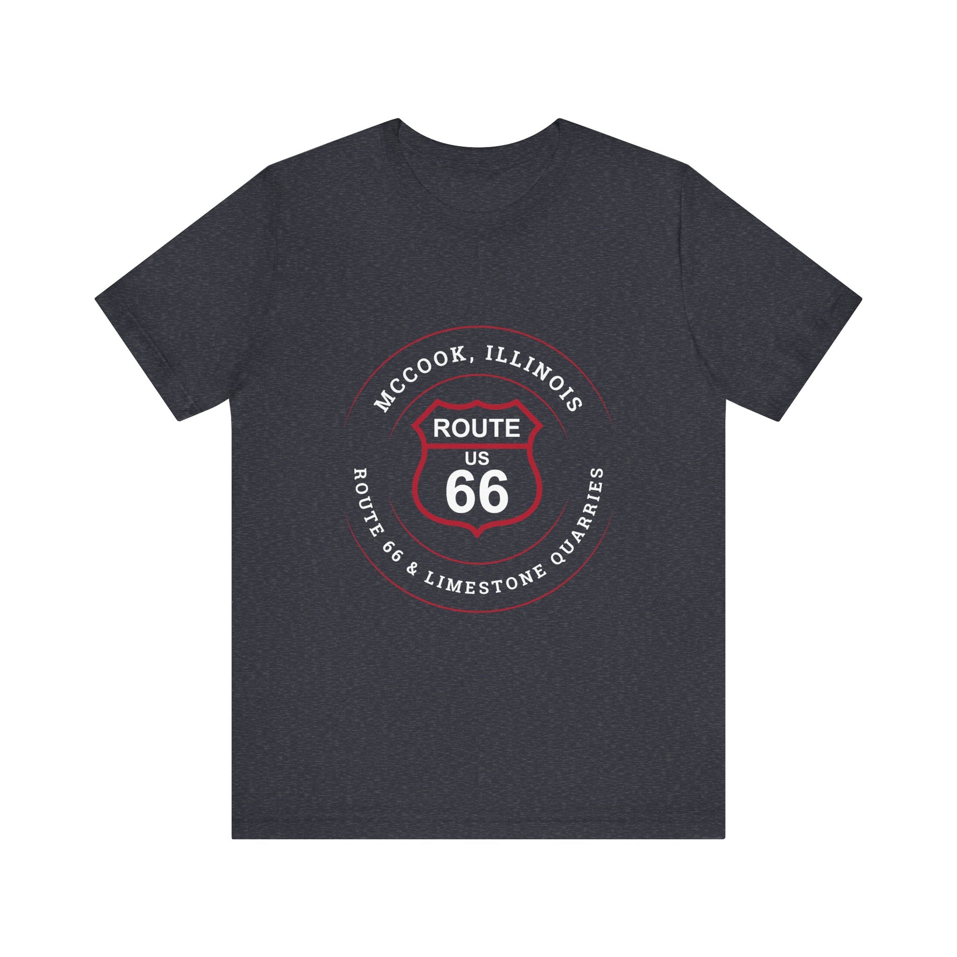 Heather navy retro Route 66 unisex jersey tee with McCook, IL: "Route 66 and Limestone Quarries" design