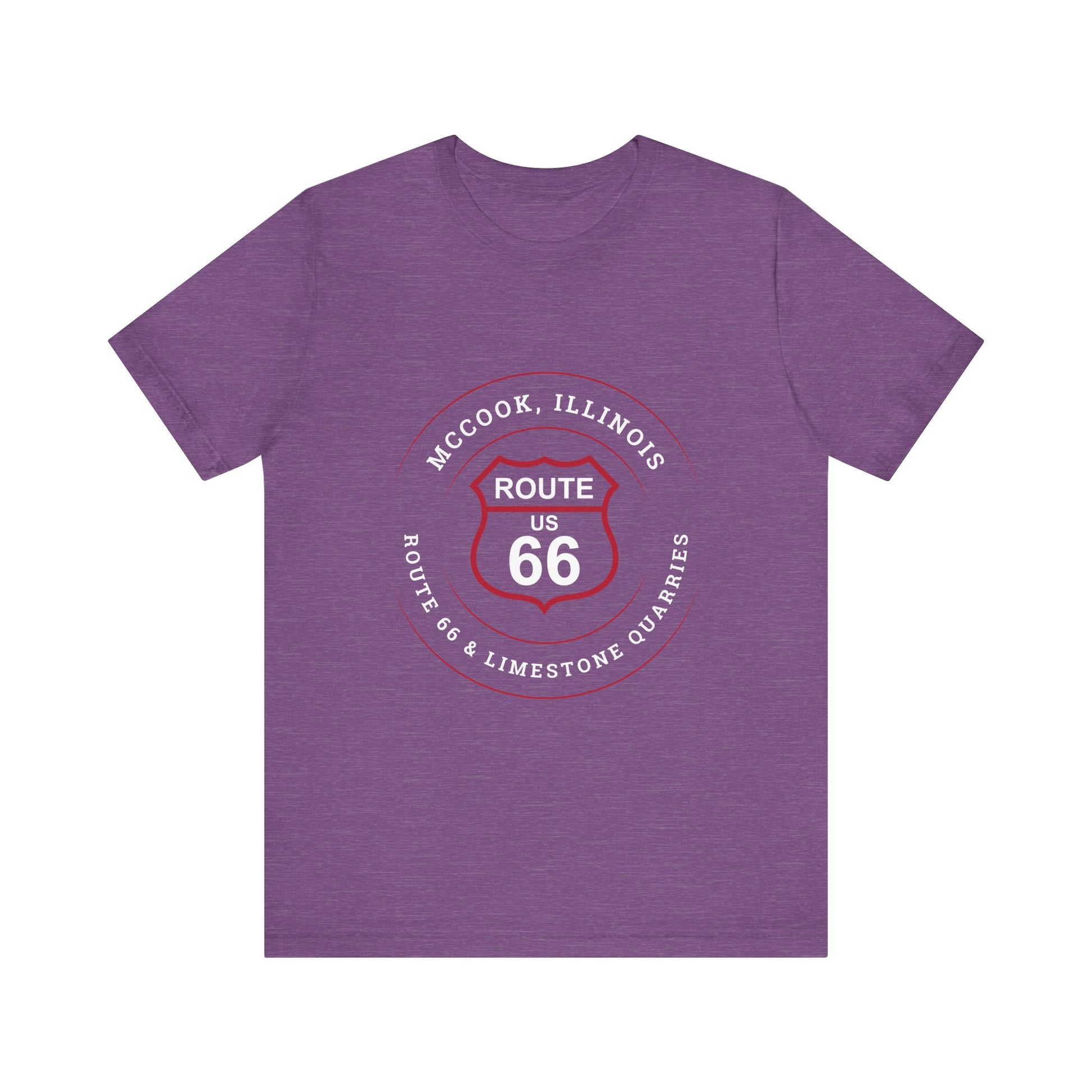 Heather team purple retro Route 66 unisex jersey tee with McCook, IL: "Route 66 and Limestone Quarries" design