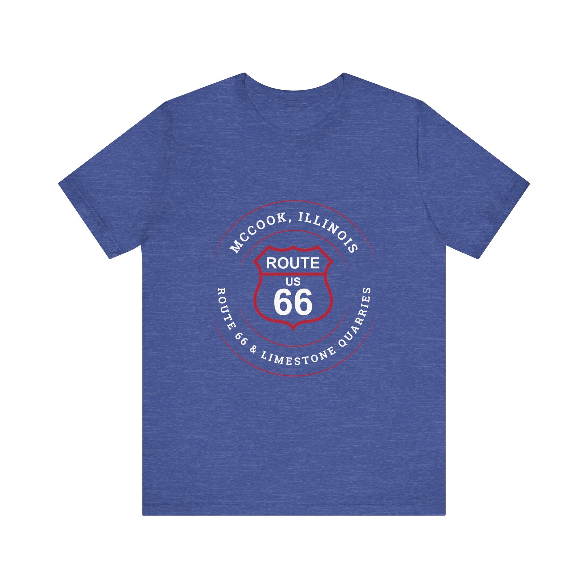 Heather true royal retro Route 66 unisex jersey tee with McCook, IL: "Route 66 and Limestone Quarries" design