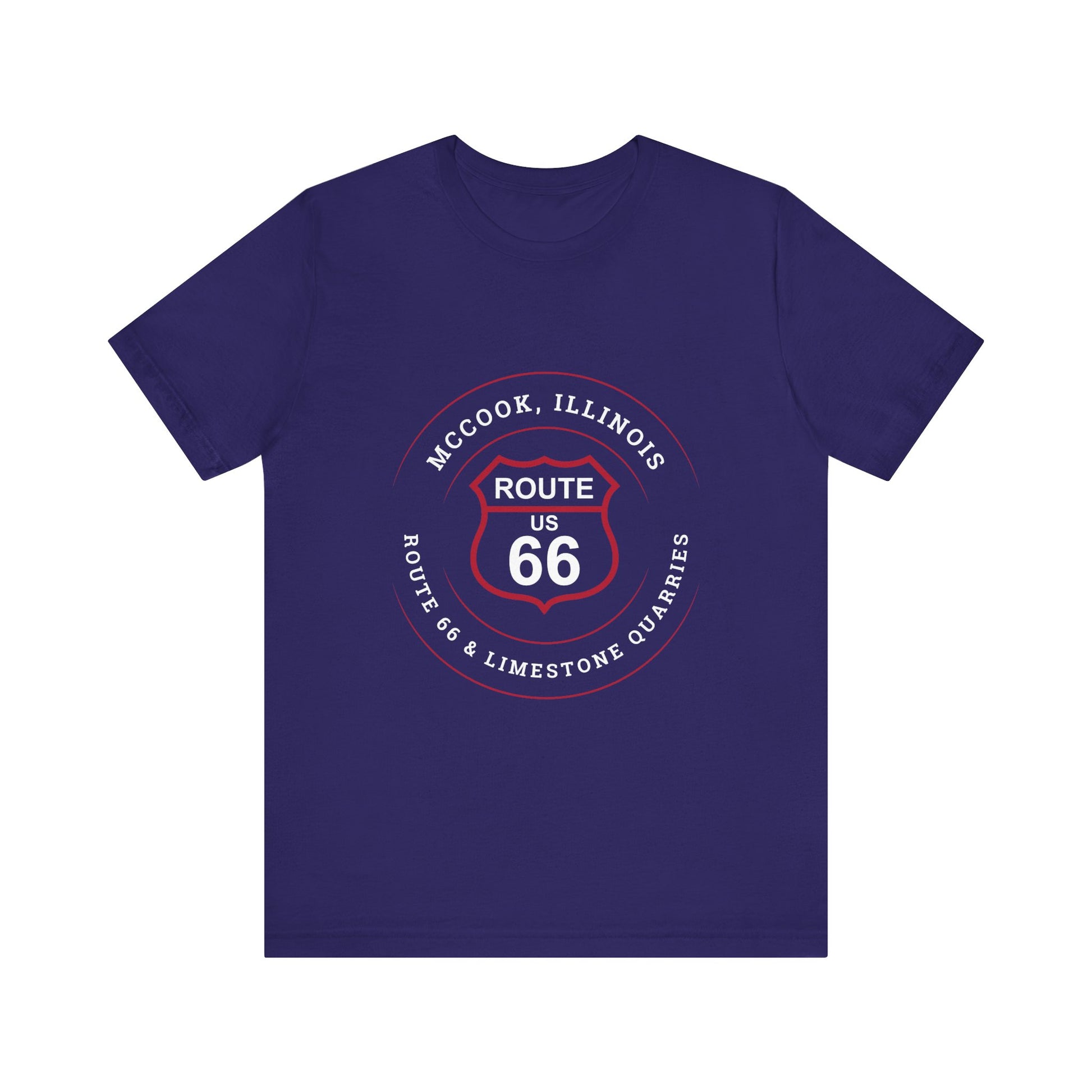 Team navy retro Route 66 unisex jersey tee with McCook, IL: "Route 66 and Limestone Quarries" design