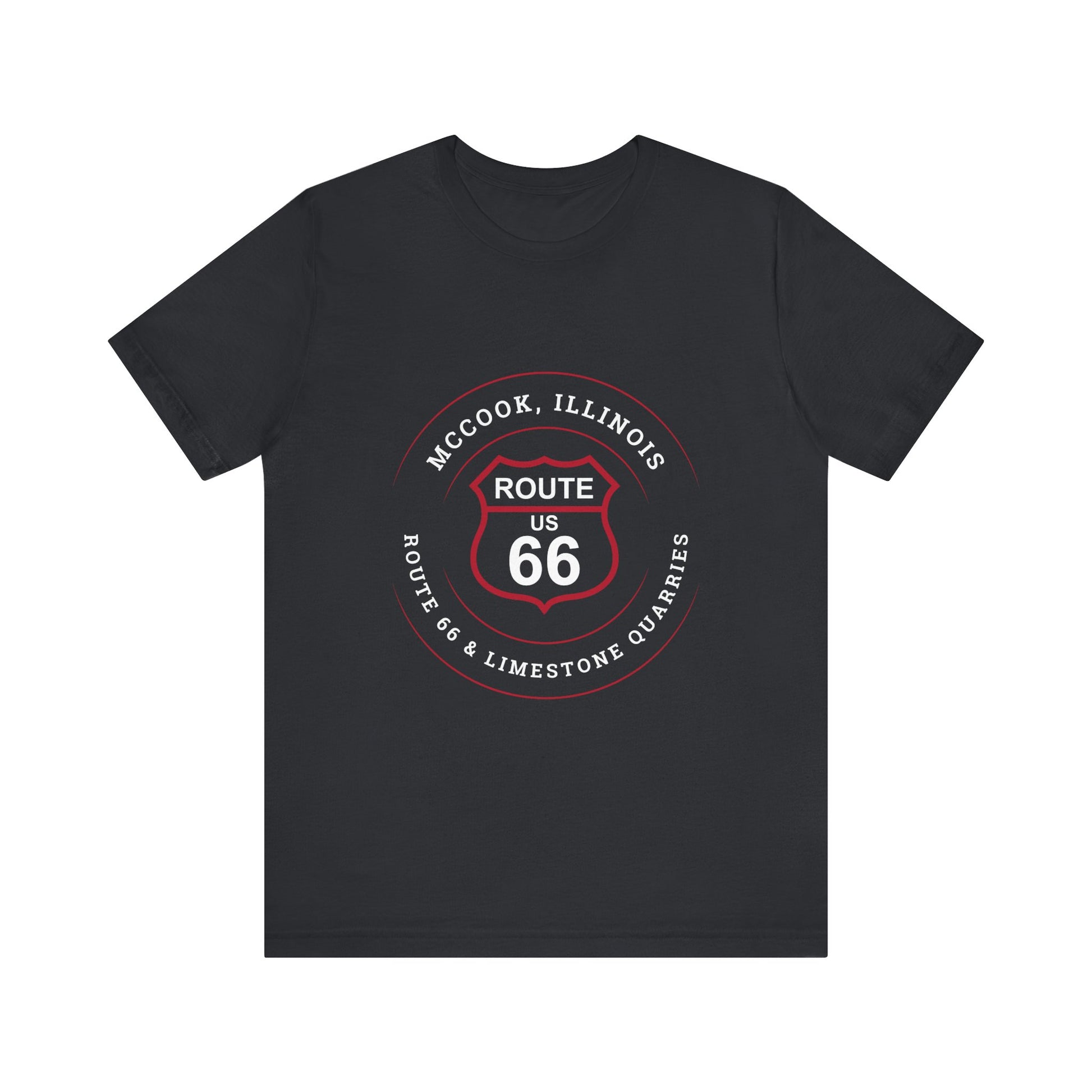 Vintage black retro Route 66 unisex jersey tee with McCook, IL: "Route 66 and Limestone Quarries" design