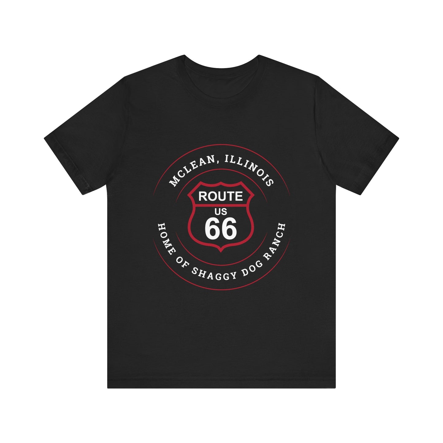 Black retro Route 66 unisex jersey tee with McLean, IL: "Home of the Shaggy Dog Ranch" design