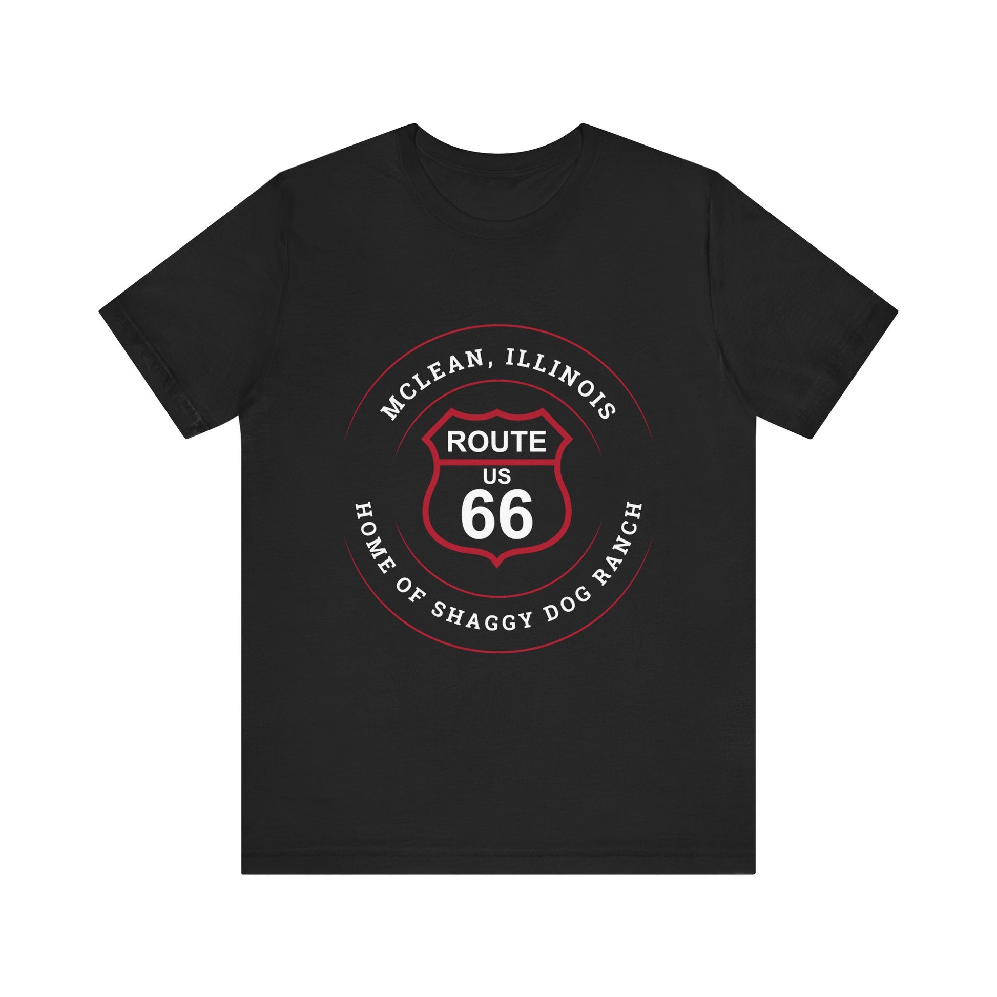 Black retro Route 66 unisex jersey tee with McLean, IL: "Home of the Shaggy Dog Ranch" design