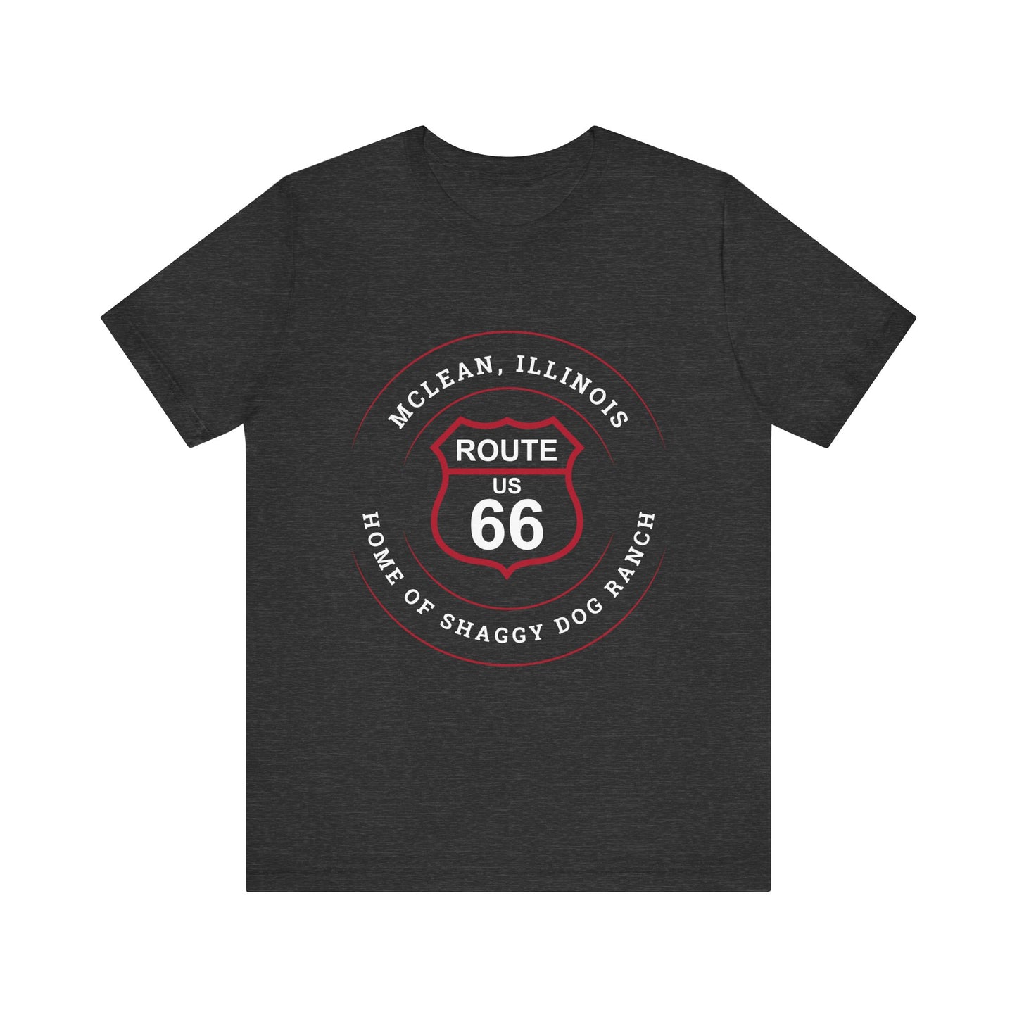 Dark grey heather retro Route 66 unisex jersey tee with McLean, IL: "Home of the Shaggy Dog Ranch" design